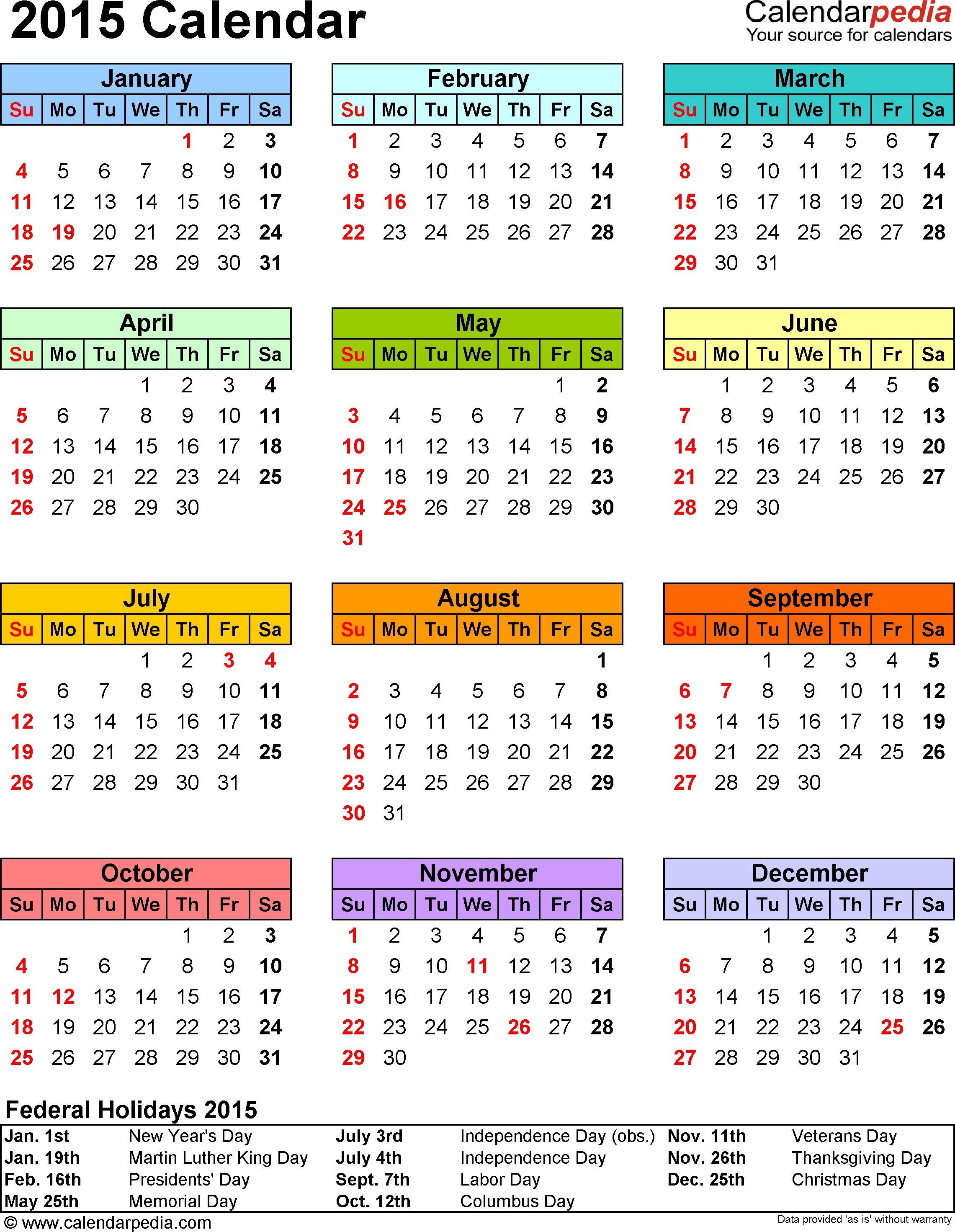 Template 13: 2015 Calendar For Word, 1 Page, Portrait Orientation pertaining to 2007 Calendar With Holidays Printable