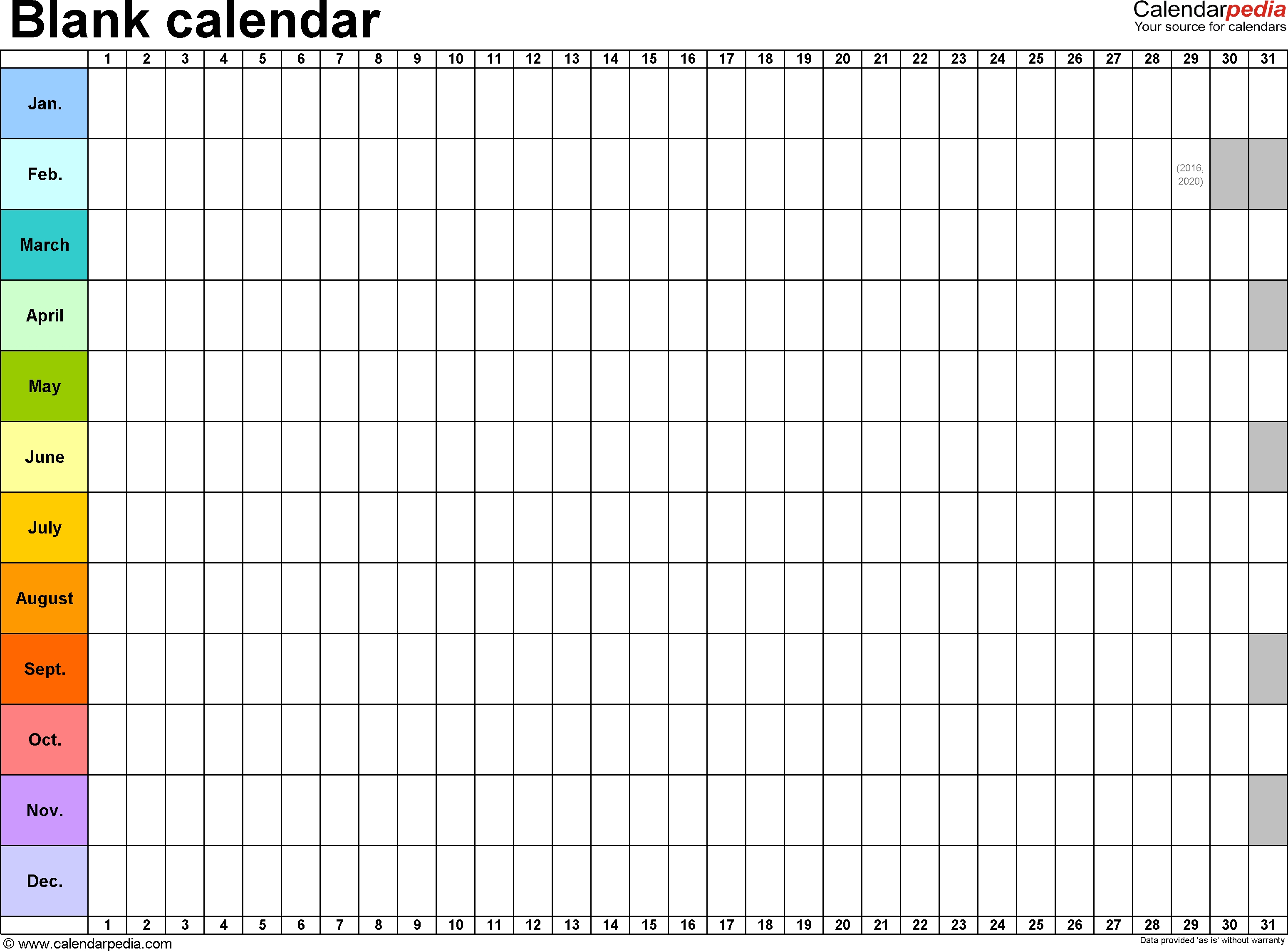 Template 2: Excel Template For Blank Calendar (Landscape Orientation with regard to Blank Calendar Page Year Long