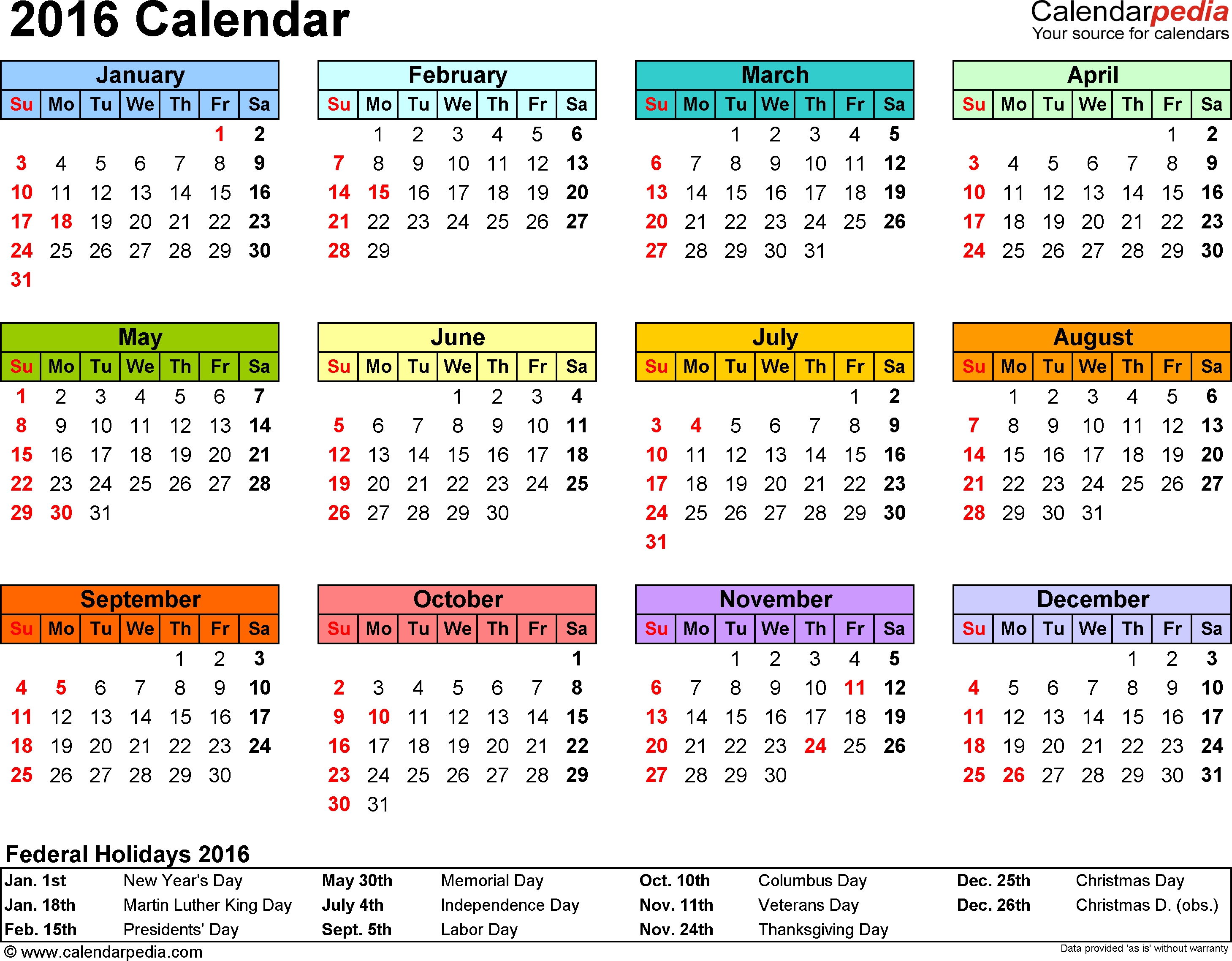Template 7: 2016 Calendar For Pdf, Year At A Glance, 1 Page, In intended for Year At A Glance Calendar Template