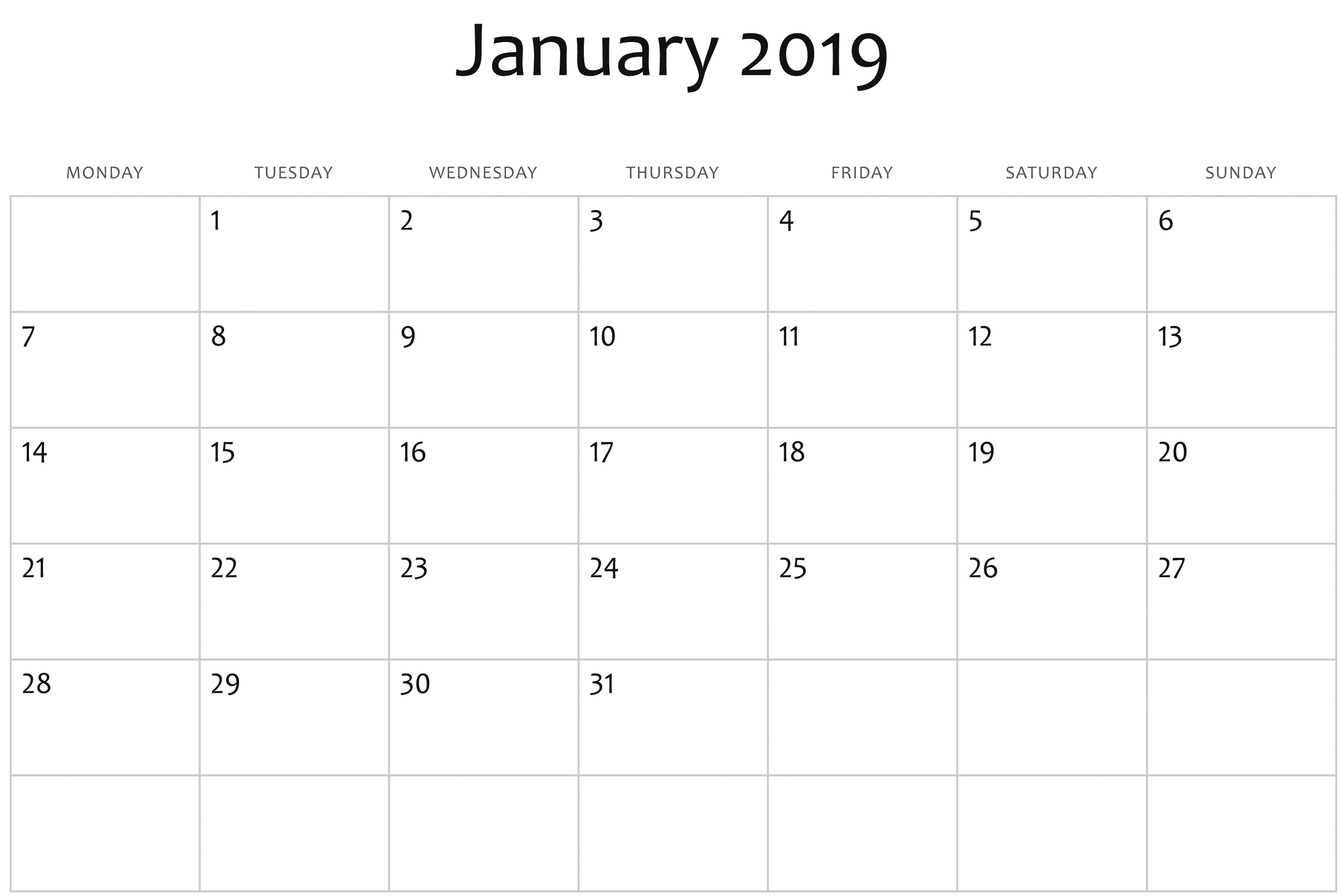 Template Of January 2019 Calendar - Free Printable Calendar with regard to Free Printable Blank Calendar Templates