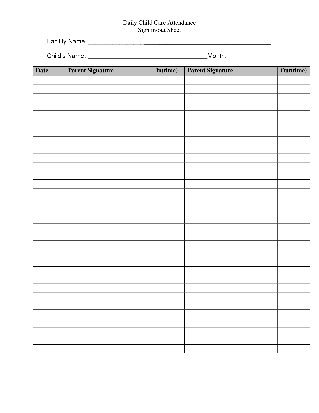 Templates That Are Free For Daycare Signs | Daily Child Care for Day Care Attendance Sheet Template