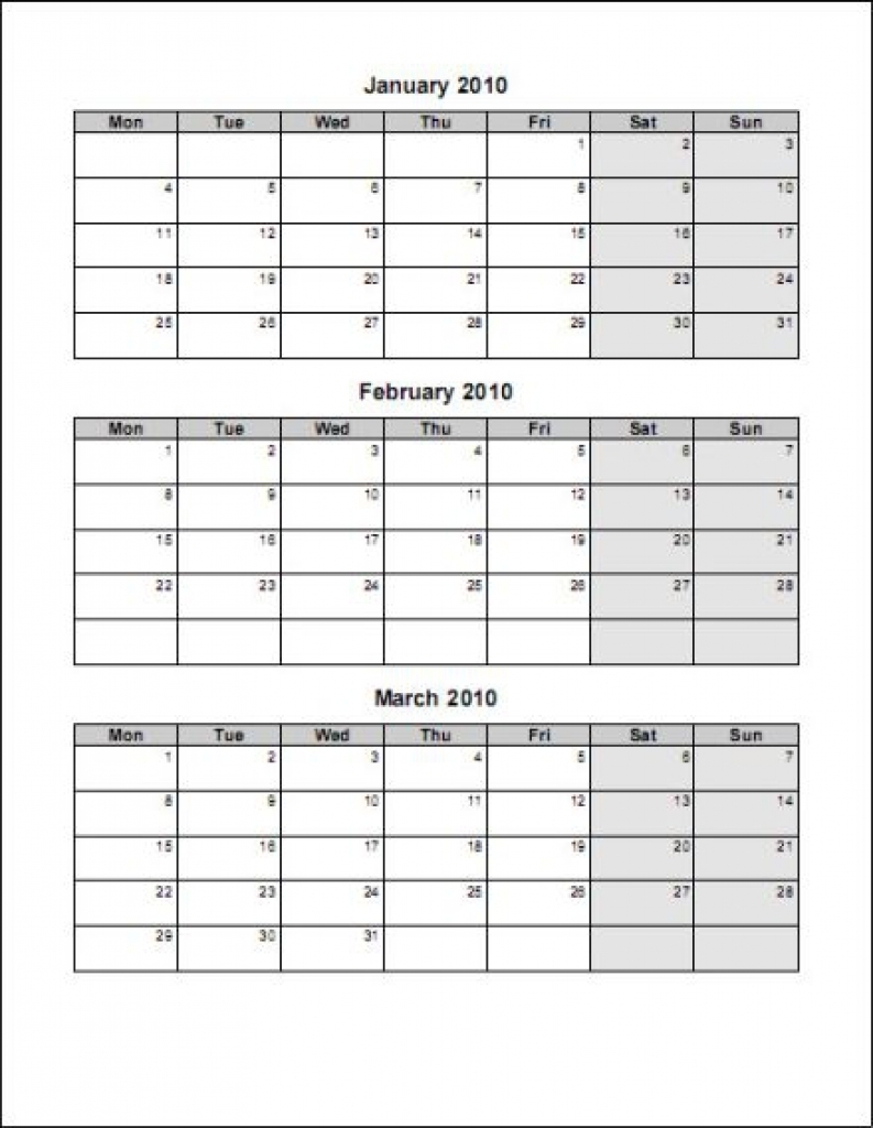 Printable Three Month Calendar