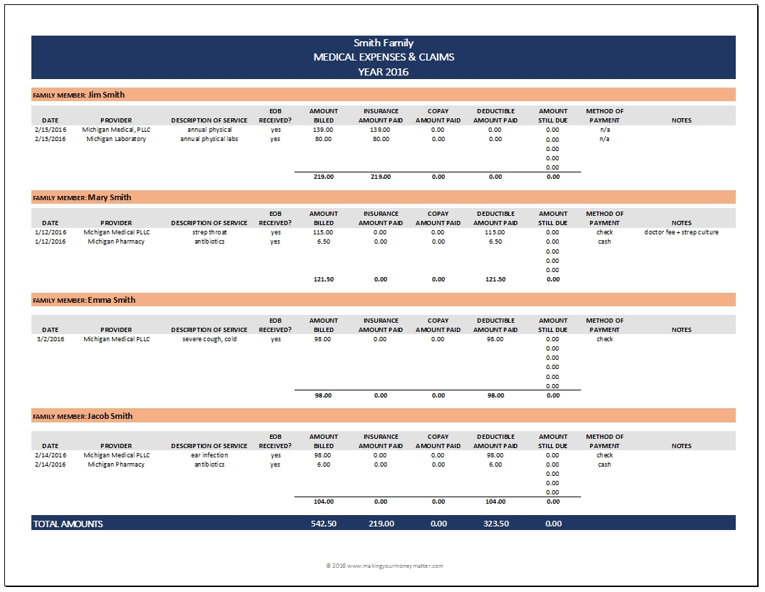 Tracking Your Medical Expenses &amp; Claims regarding Bills Paid In And Out Sheet