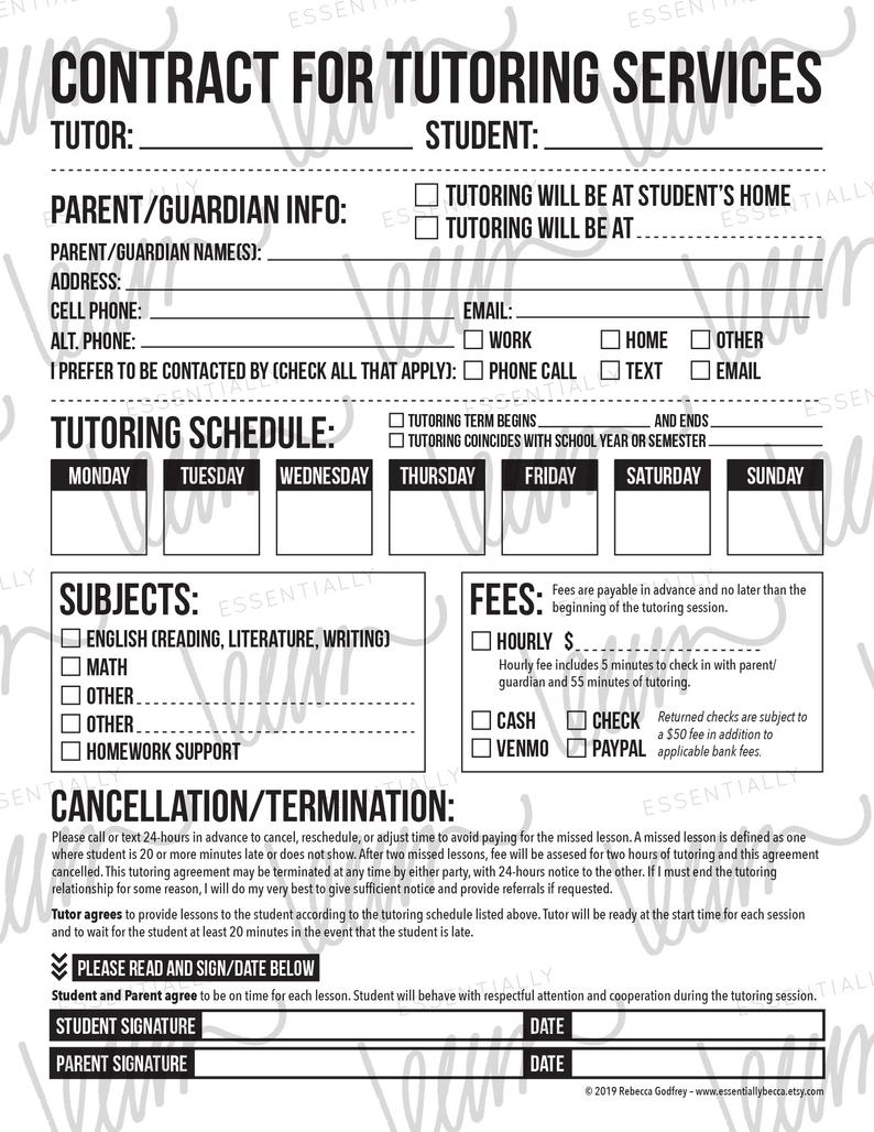 Tutoring Agreement Worksheet: Printable Pdf Form | Etsy pertaining to Tutor Session Payment Plan Contract