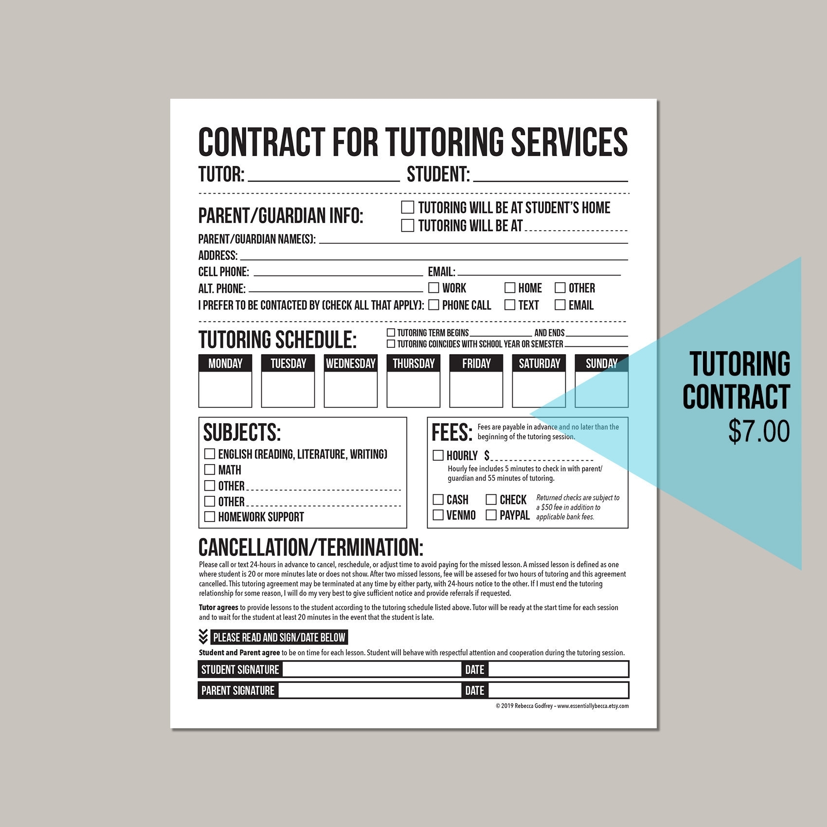 Tutoring Agreement Worksheet: Printable Pdf Form | Etsy with regard to Tutor Session Payment Plan Contract