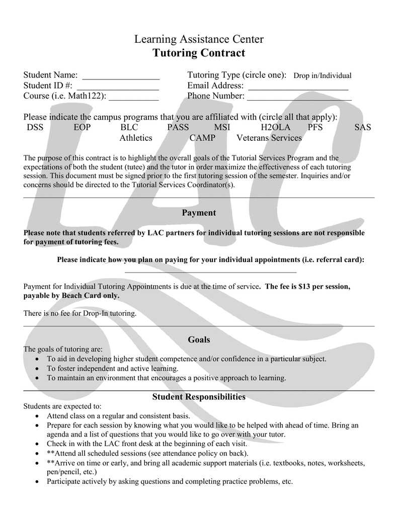 Tutoring Contract inside Tutor Session Payment Plan Contract
