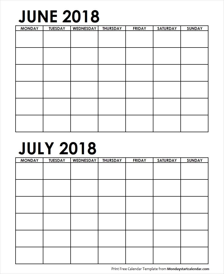 Two Month June July 2018 Calendar Blank | Two Months Template with June And July Monthly Calendar