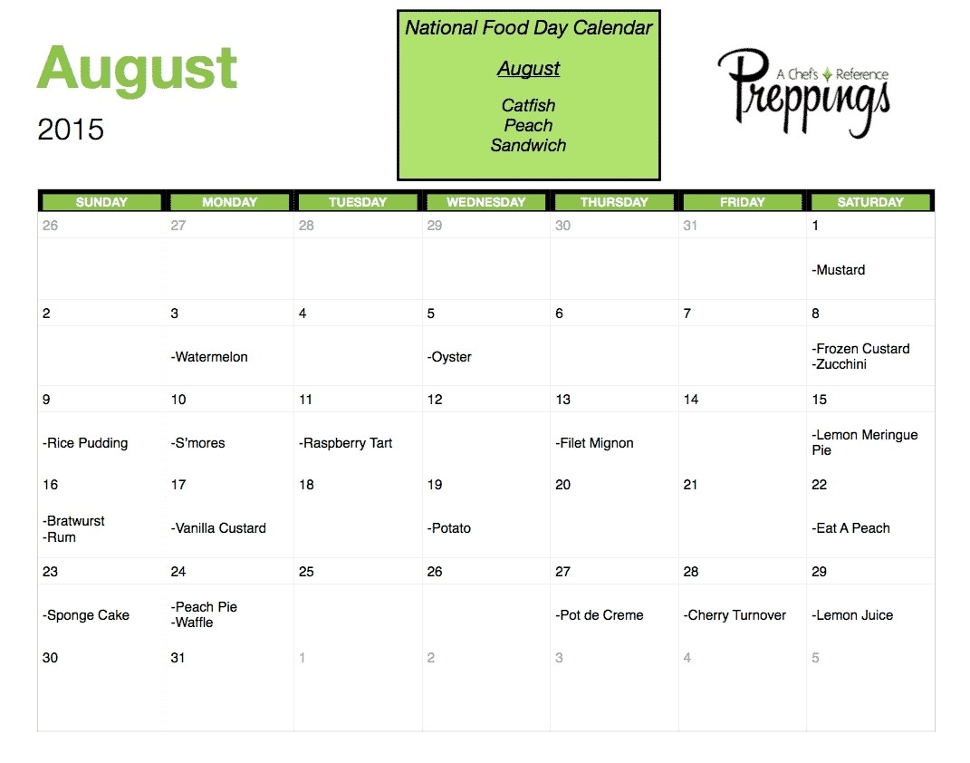 Week Calendar National Days regarding August National Food Day Calendar