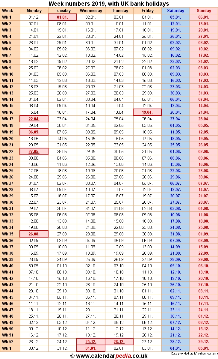 Week Numbers 2019, With Bank Holidays &amp; Excel/pdf/word Templates pertaining to Number Of The Week Template