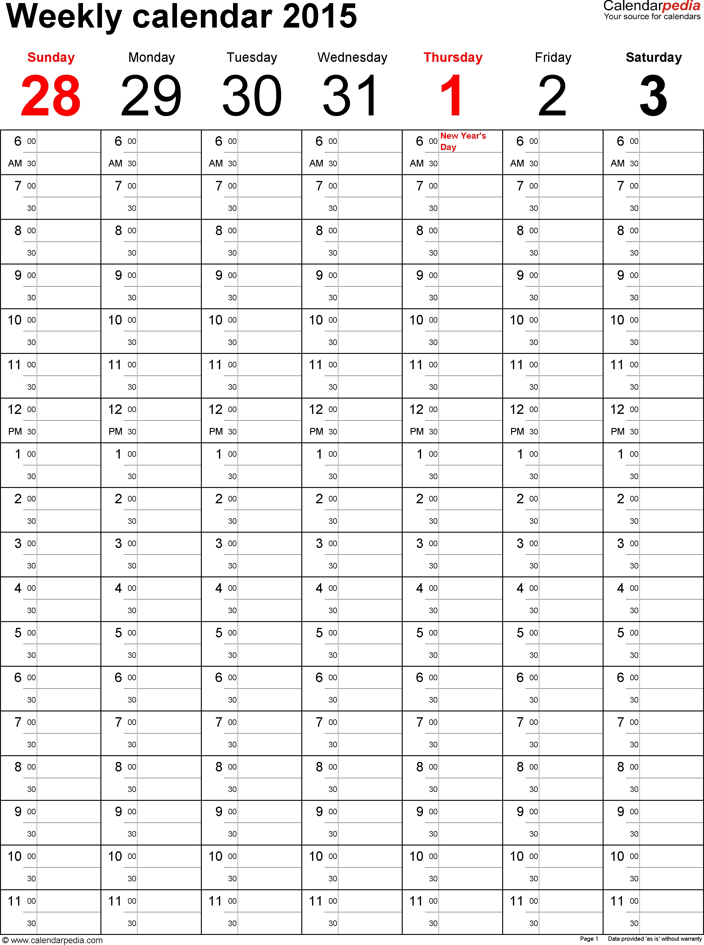 Weekly Calendar 2015 For Excel - 12 Free Printable Templates throughout Free 30 Day Calendar Printable