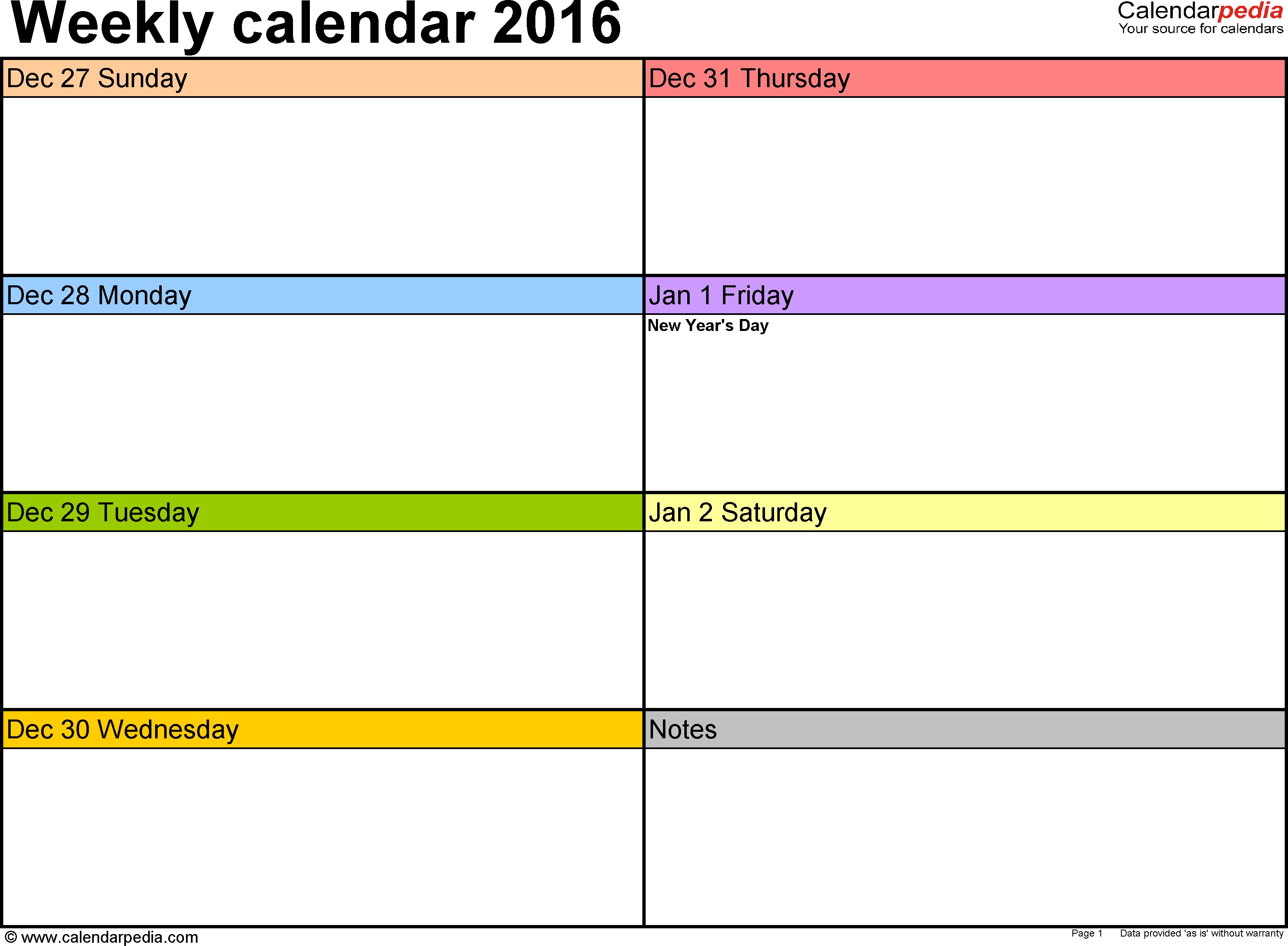 Weekly Calendar 2016: Template For Word Version 2, Landscape, 53 for Monthly Calendar Printable Template Notes Column