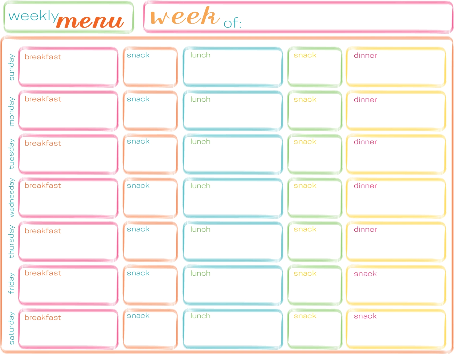 printable weekly meal planner template with snacks