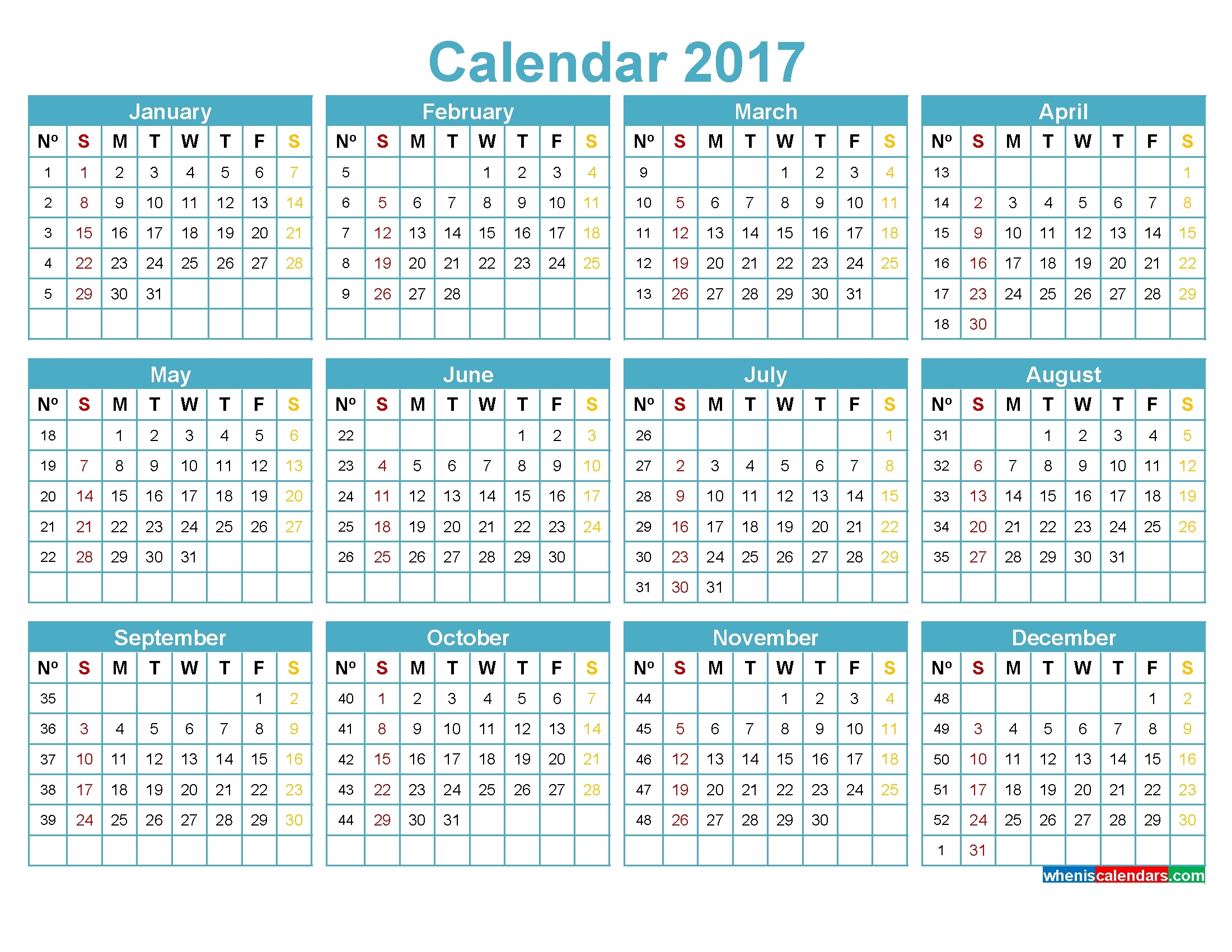 Weekly Number Calendar 2017 | Printable 2017 Calendars in Week Of The Year Number Calendar