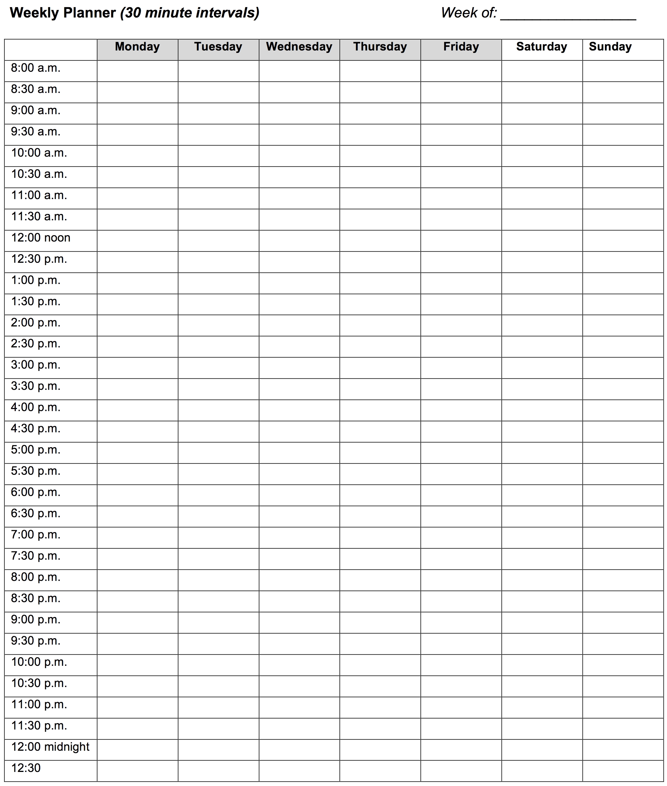 Weekly Planner: 30 Minute Intervals - Learning Center inside Monday To Friday Weekly Planner