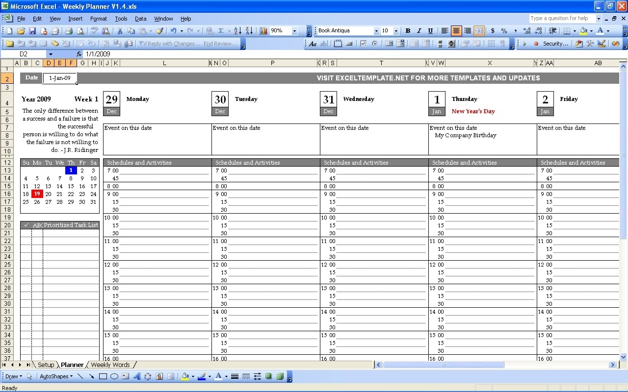 Weekly Planner Cel Templates Microsoft Project Template Schedule regarding Excel Day Planner Template Free