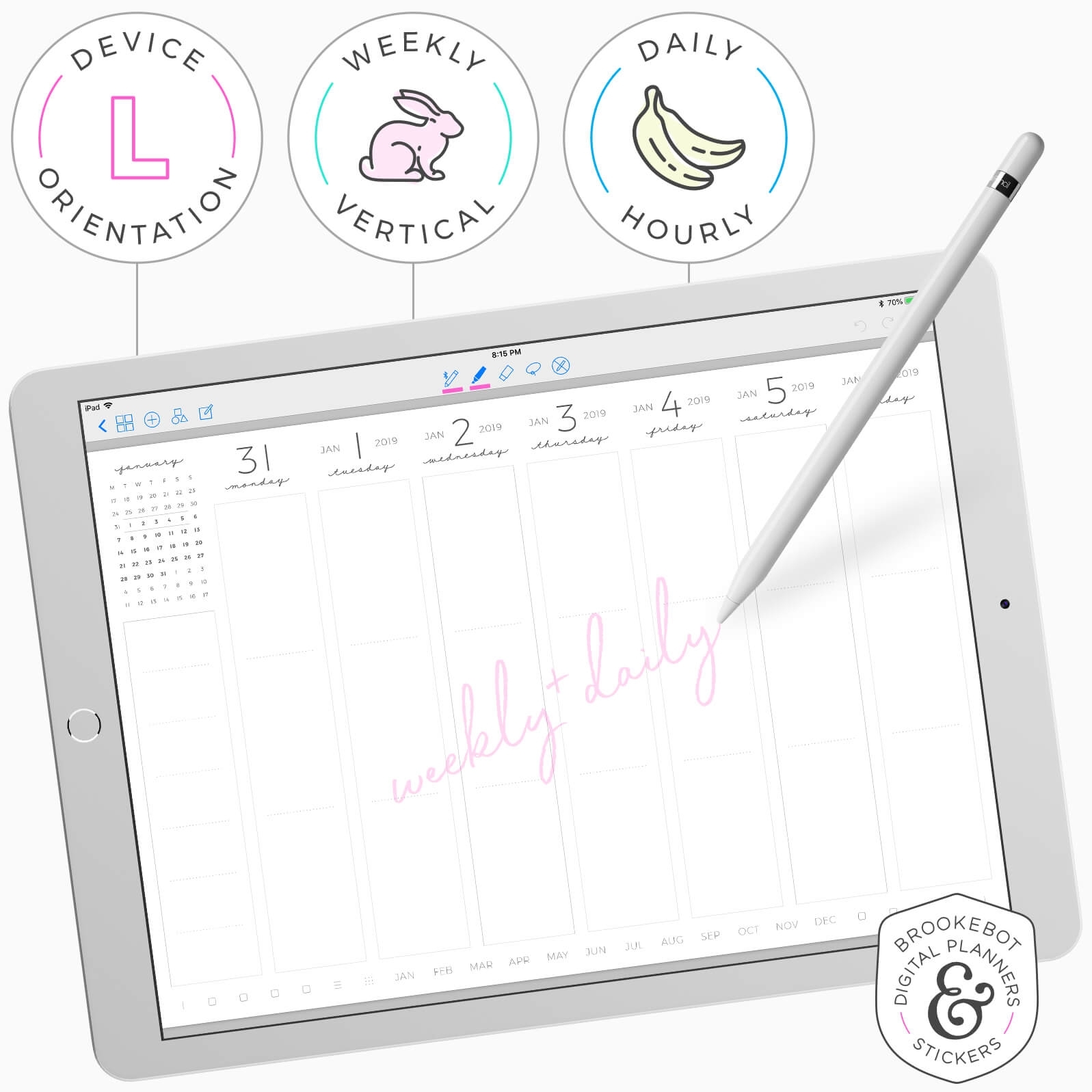 Weekly (Vertical) + Daily (Hourly) Digi Planner — Brookebot Digital pertaining to August 29 Hourly Schedule Template