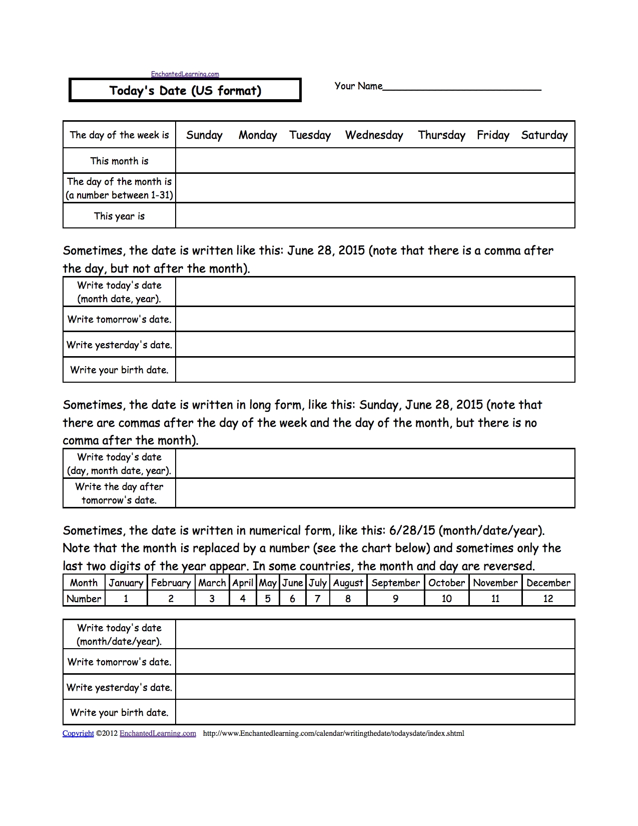 Writing A Date (Us Format) - Enchantedlearning in July-December Writing Months Of The Year Worksheet
