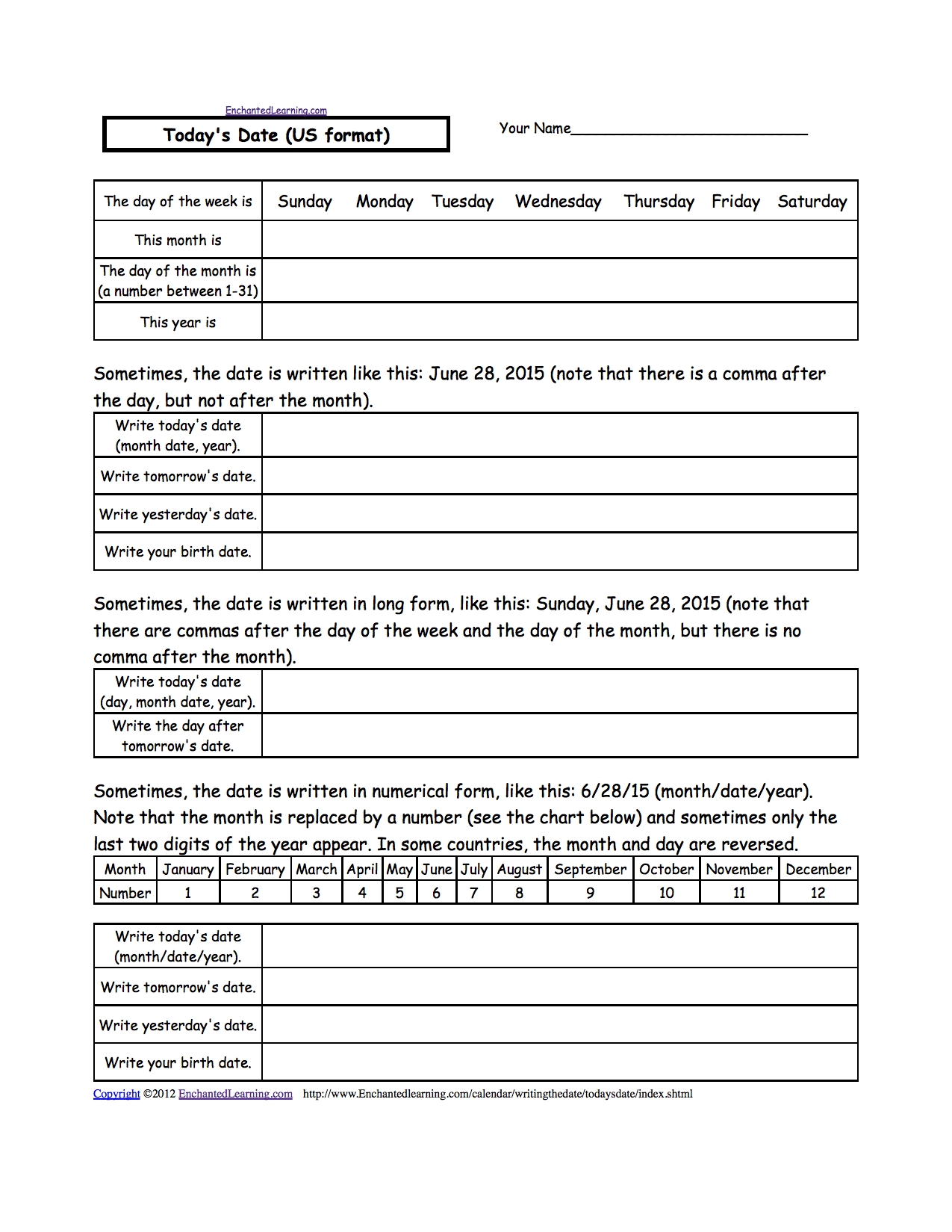 Writing A Date (Us Format) - Enchantedlearning inside Days Of Month With Number