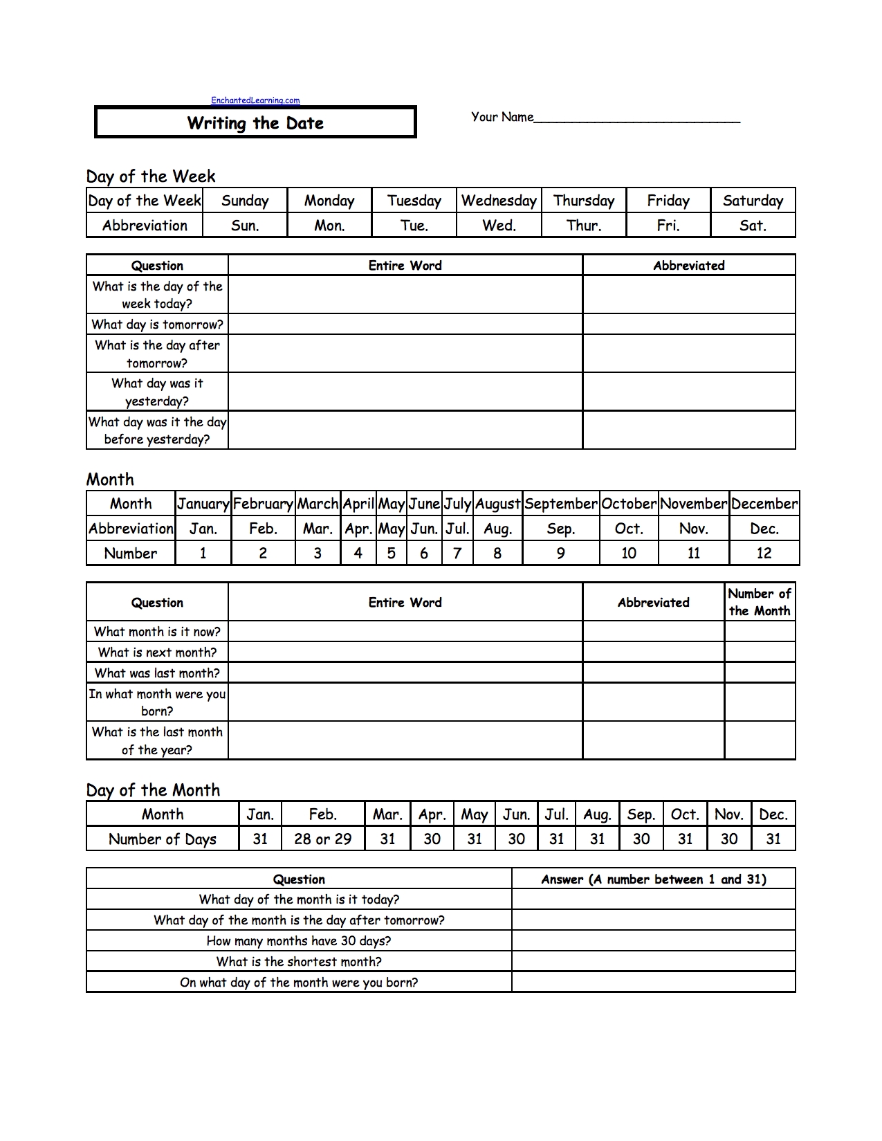 Writing A Date (Us Format) - Enchantedlearning regarding Days Of Month With Number