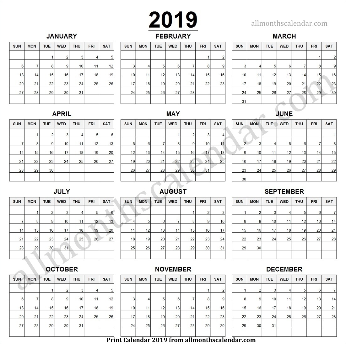 Year Calendar 2019 One Page | 2019 Calendar Printable One Page intended for Year Calendar One Page To Print
