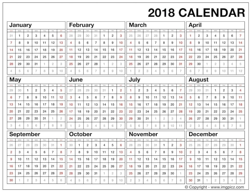 Yearly Calendar At A Glance 2018 Printable | Year Printable Calendar in Calendars Year At A Glance