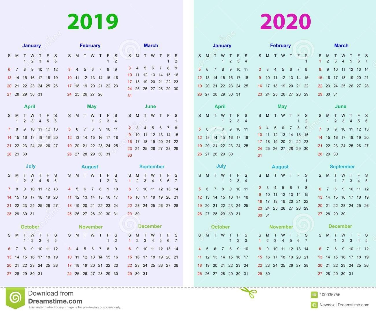 12 Months Calendar Design 2019-2020 Stock Vector - Illustration Of intended for Printable Calendar 2019 2020 Monday To Sunday