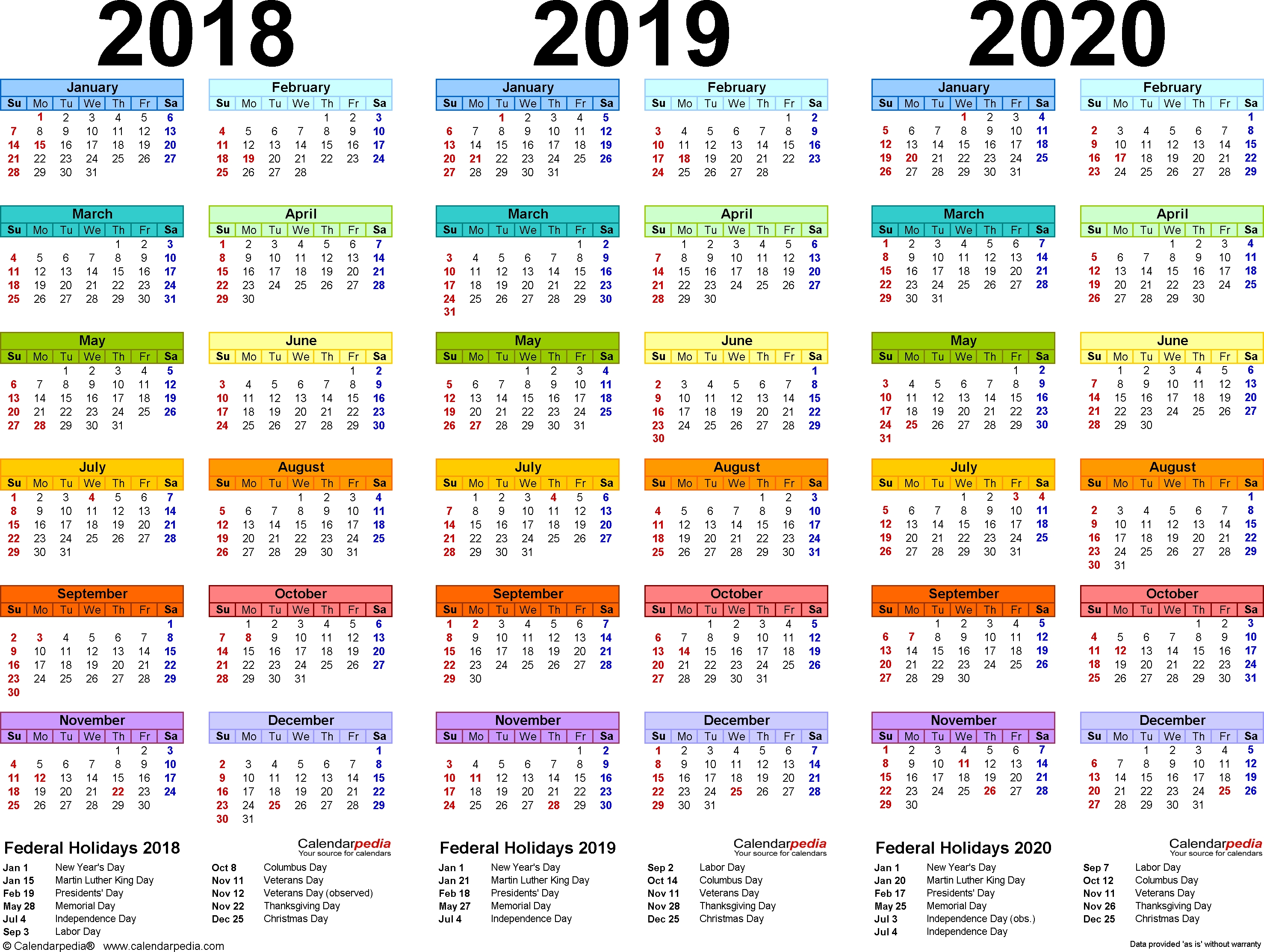 2018/2019/2020 Calendar - 4 Three-Year Printable Pdf Calendars for Kalnirnay 2020 Holidays