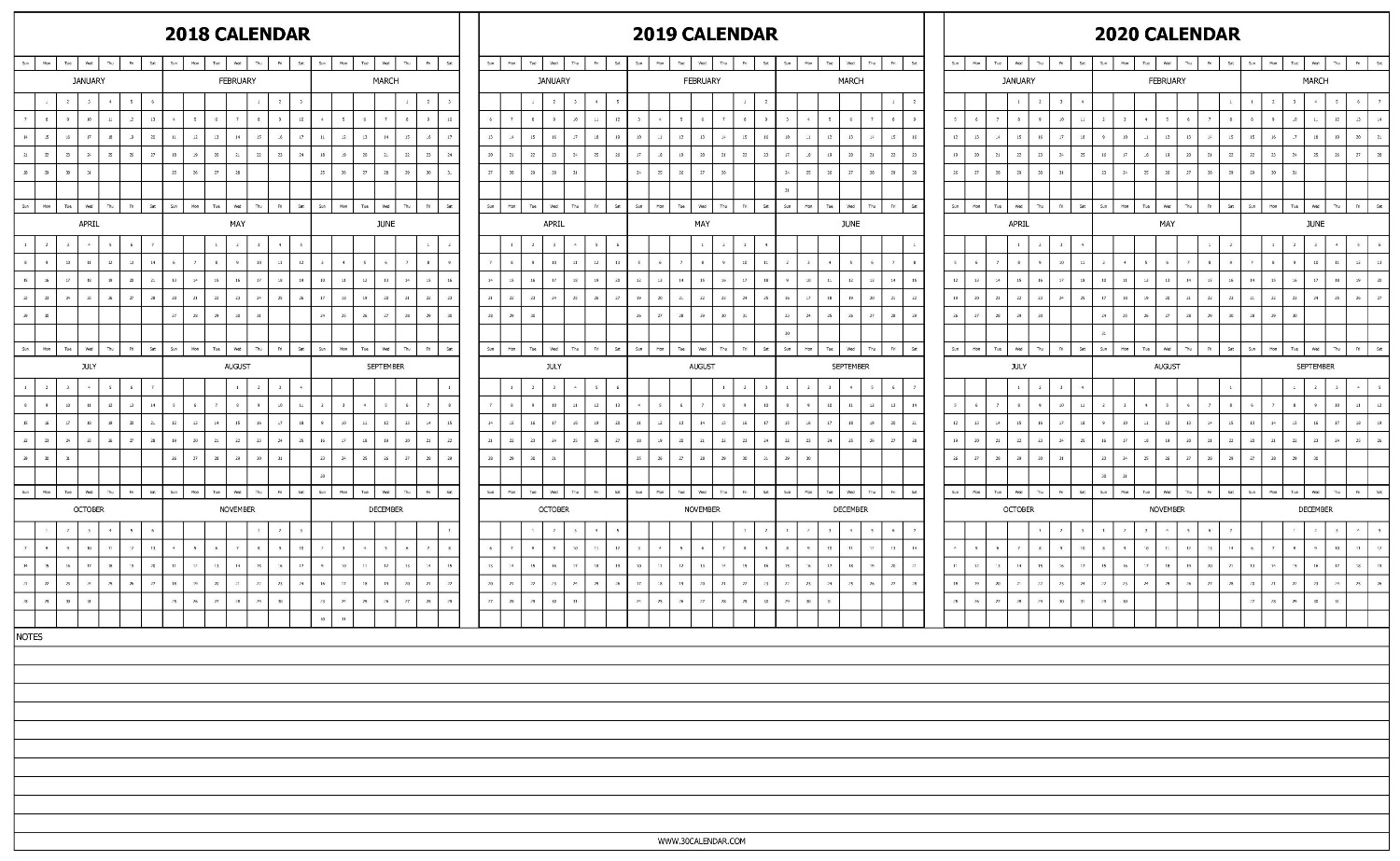 2018 2019 And 2020 Calendar To Print | Blank Three Year Template for 3 Year Calendar Printable 2018 2019 2020