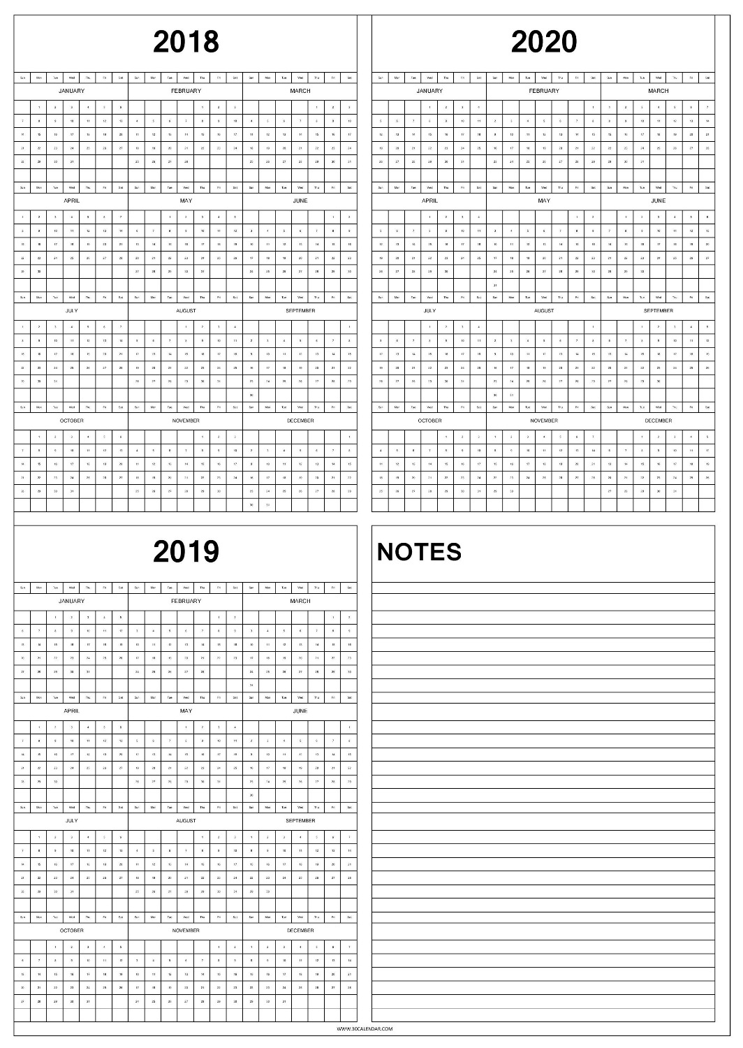 2018 2019 And 2020 Calendar To Print | Blank Three Year Template with Calendar At A Glance 2019-2020 Printable