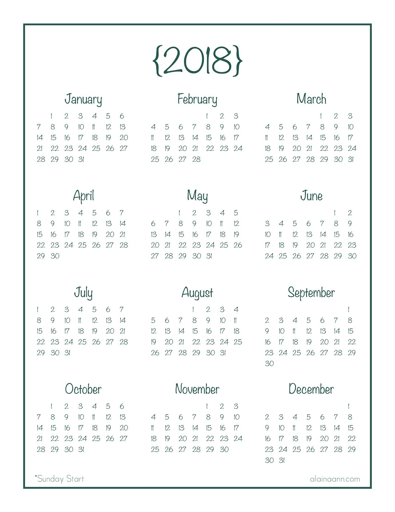 2018 Year-At-A-Glance Calendar {Free Printable} | Planner/journal inside Year At A Glance Calendar