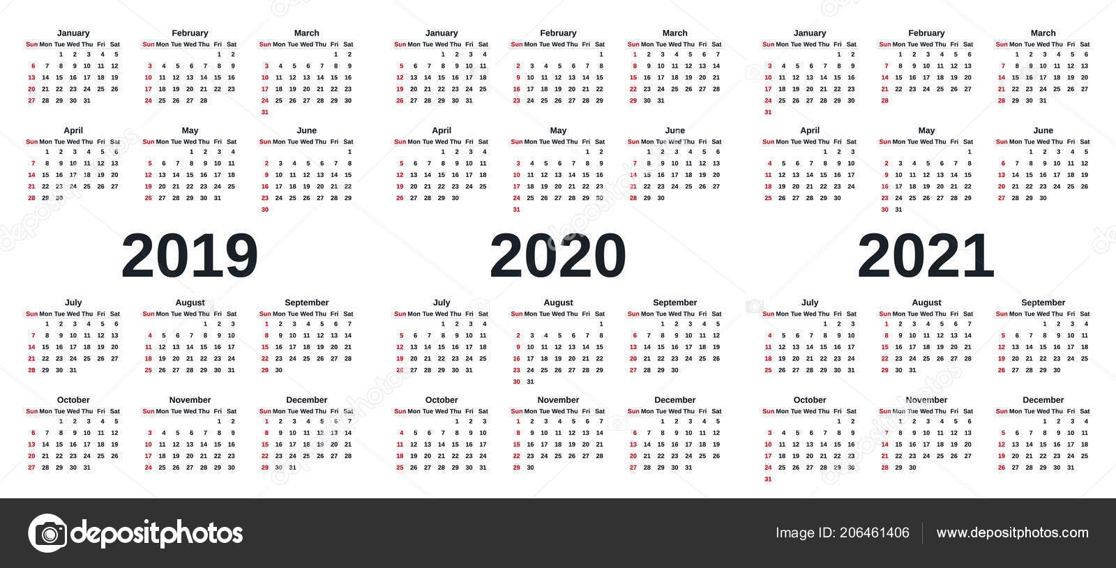 2019 2020 2021 Calendar Vector Graphics Week Starts Sunday Design for Calendar 2019 2020 2021