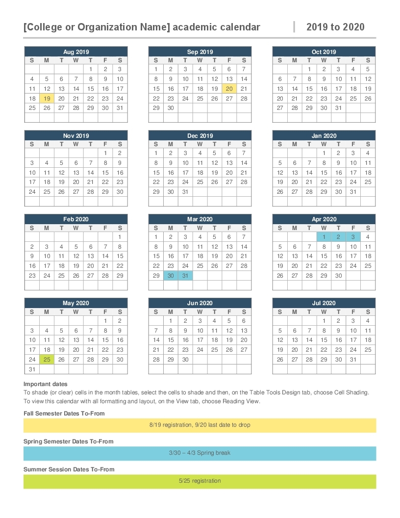 2019-2020 Academic Calendar intended for 2020 Year At A Glance Basic Word