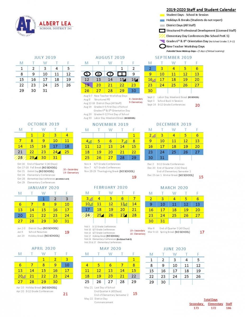 2019-2020 Approved Calendar | Albert Lea Area Schools within 2019/2020 Year Quarters