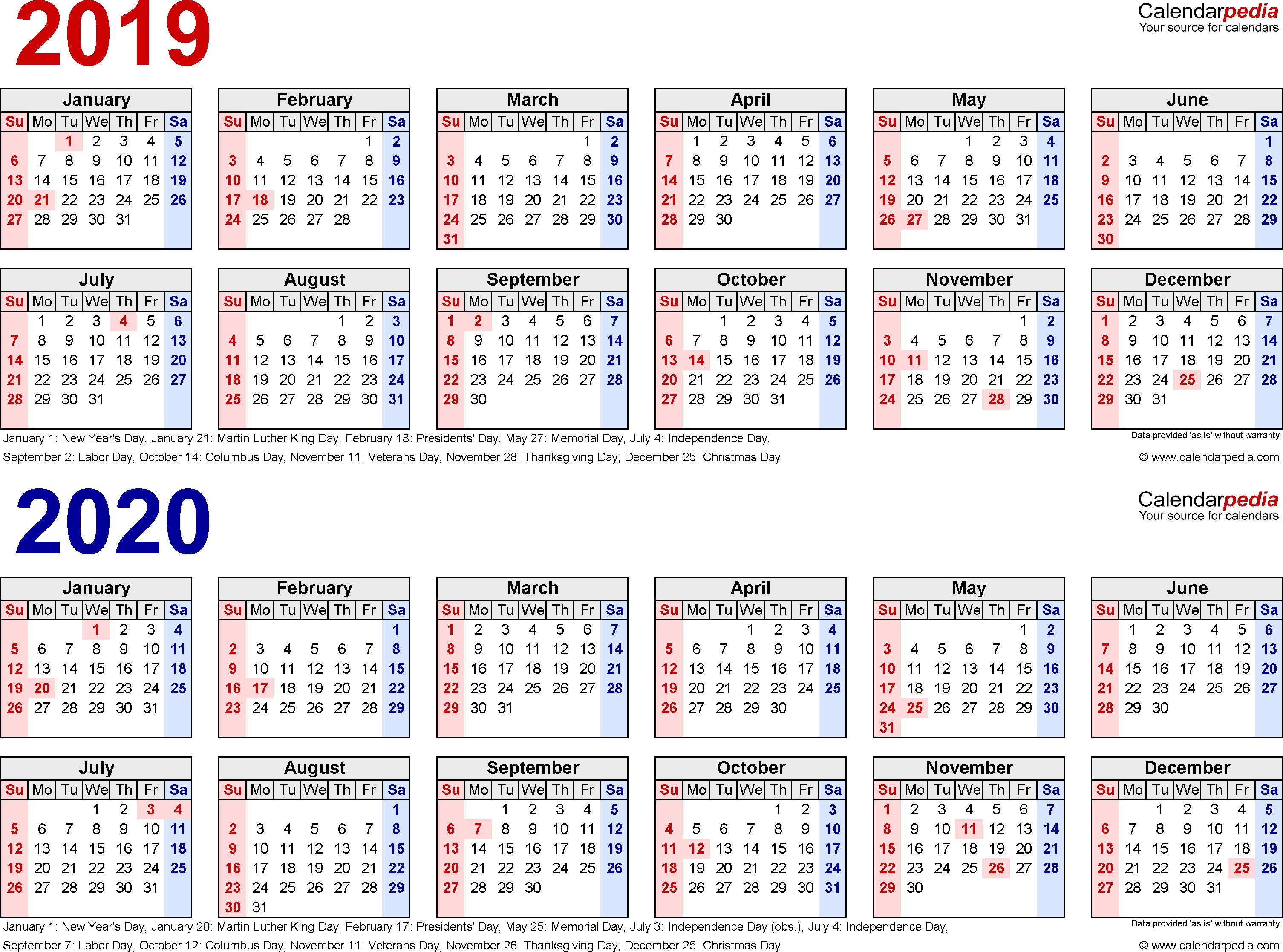 2019-2020 Calendar - Free Printable Two-Year Excel Calendars intended for Calendar For 2019 And 2020 To Edit
