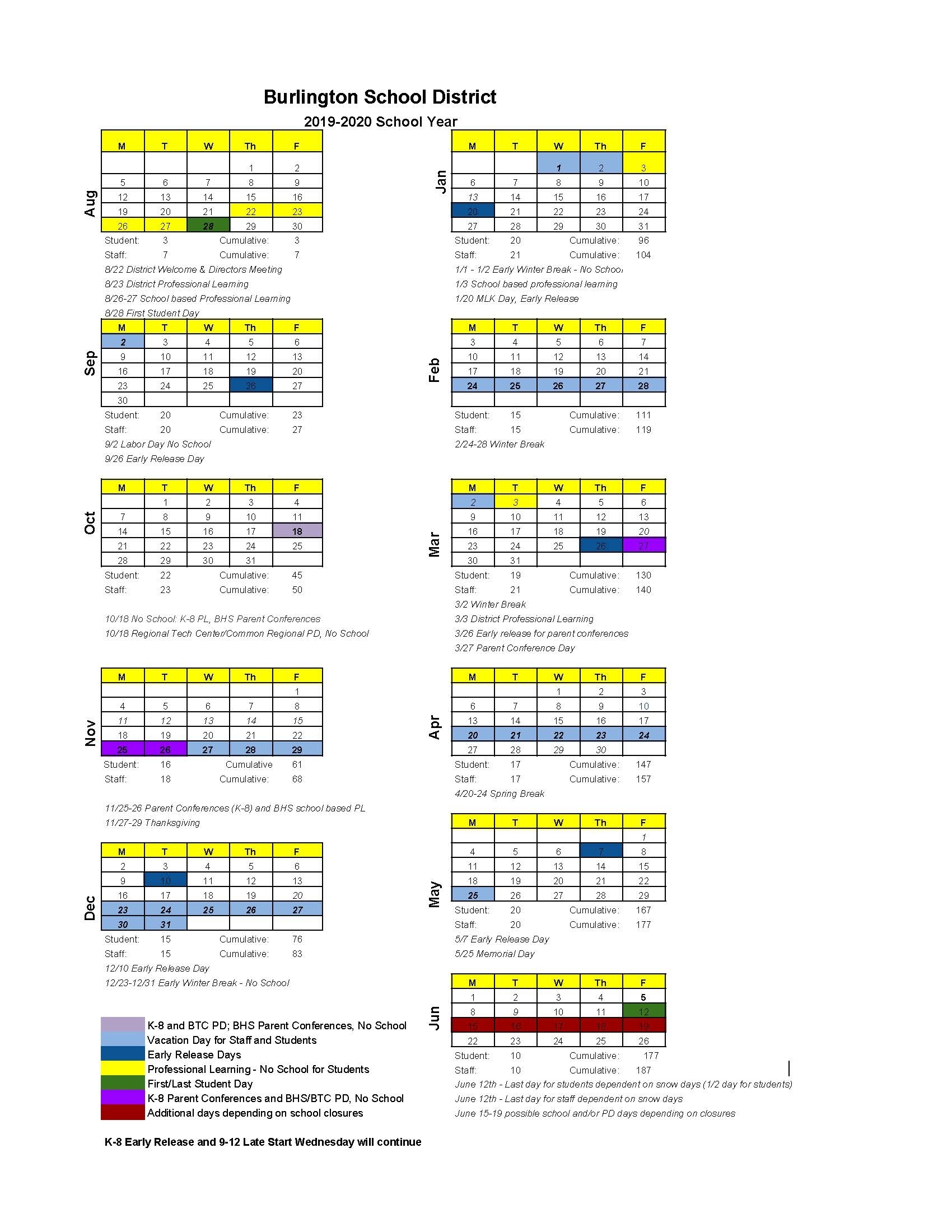 2019-2020 Calendar regarding Special Days 2019-2020