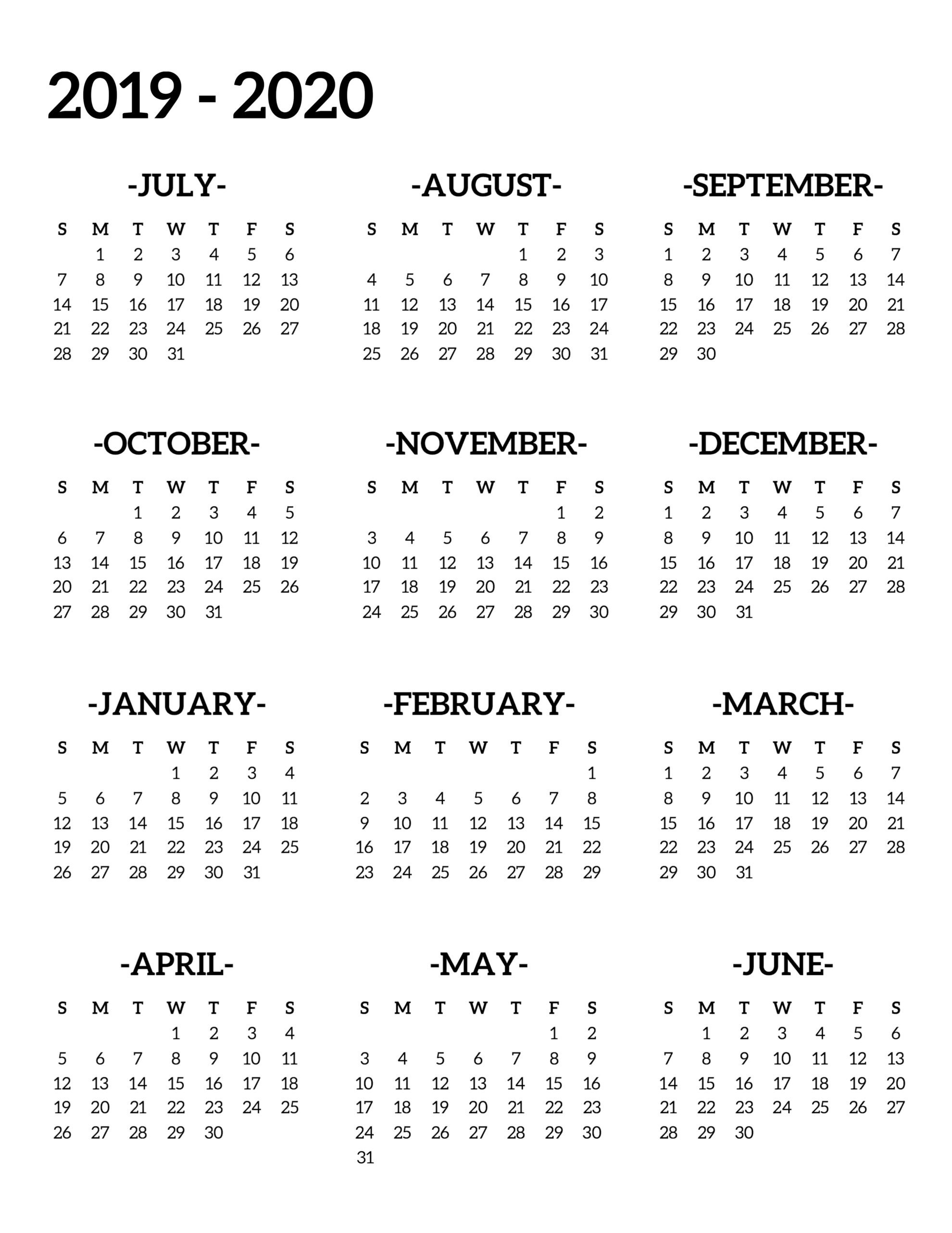 2019-2020 One Page School Calendar Printable - Paper Trail Design inside Free Printable Calendar July 2019-June 2020