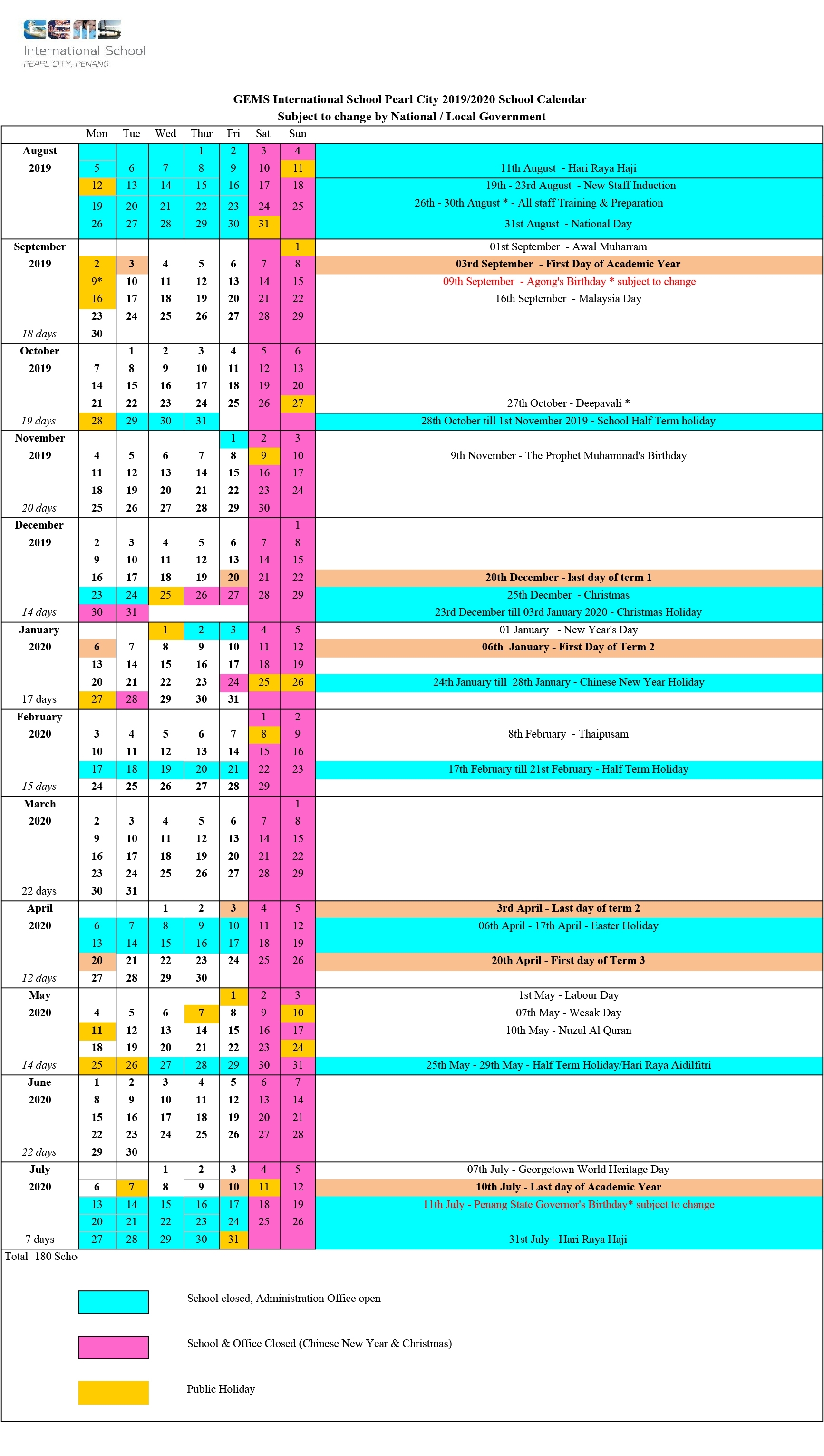 2019/2020 School Calendar - Gems International School | Pearl City with regard to Malaysia 2020 Calendar