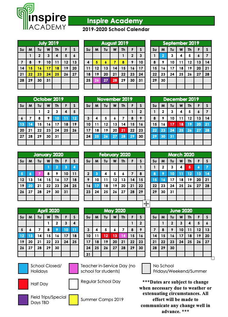 2019-2020 School Calendar — Inspire Academy with regard to Special Days In 2020