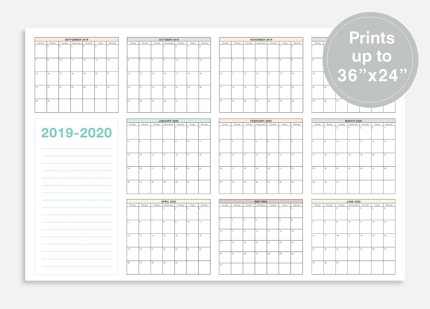 2019-2020 School Calendar September 2019 June 2020 School | Etsy throughout 2019- 2020 Academic Calendar Printable Empty Boxes