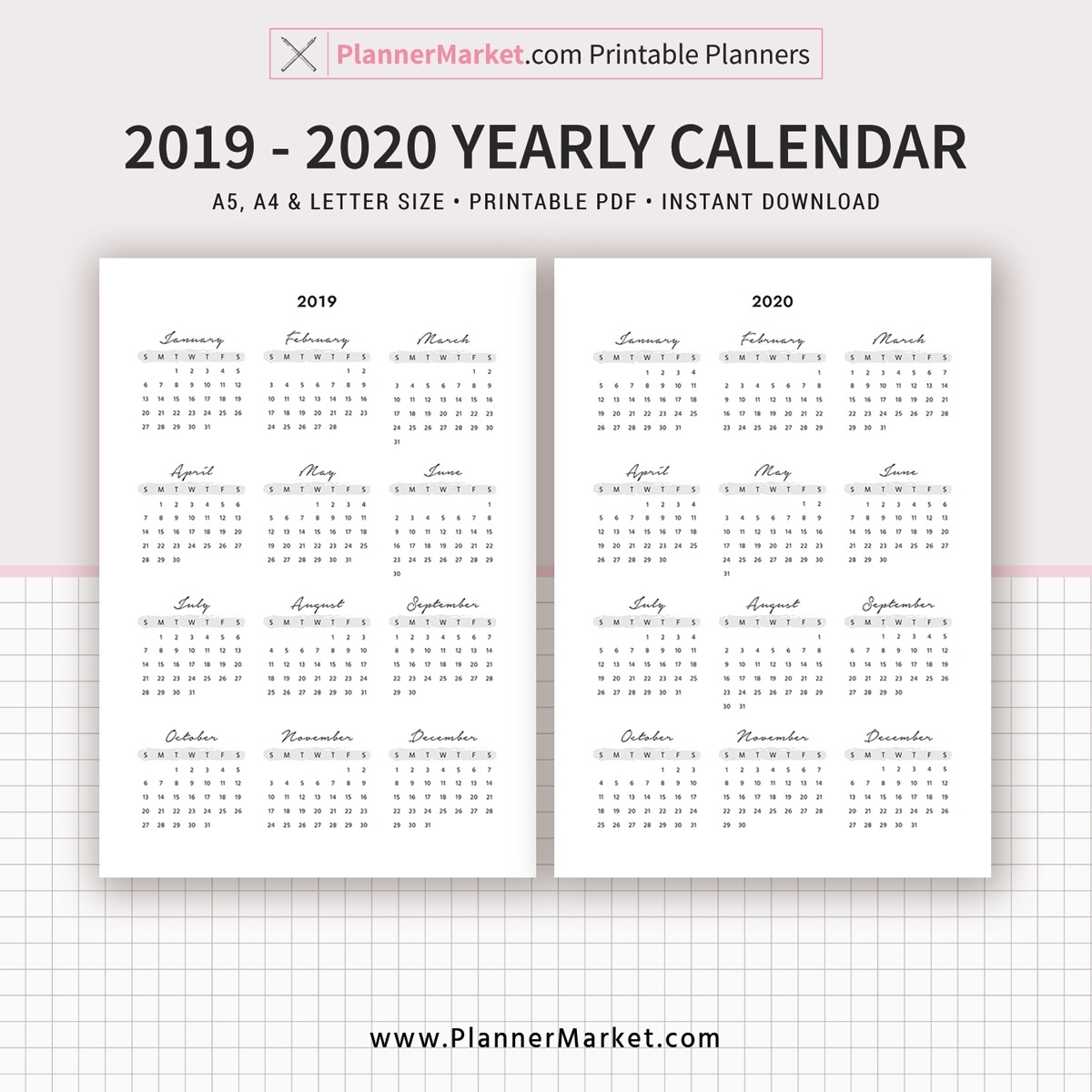 2019 Calendar, 2020 Calendar, Yearly Calendar, Filofax A5, A4 inside Printable 8.5 X 11 2020 Calendar