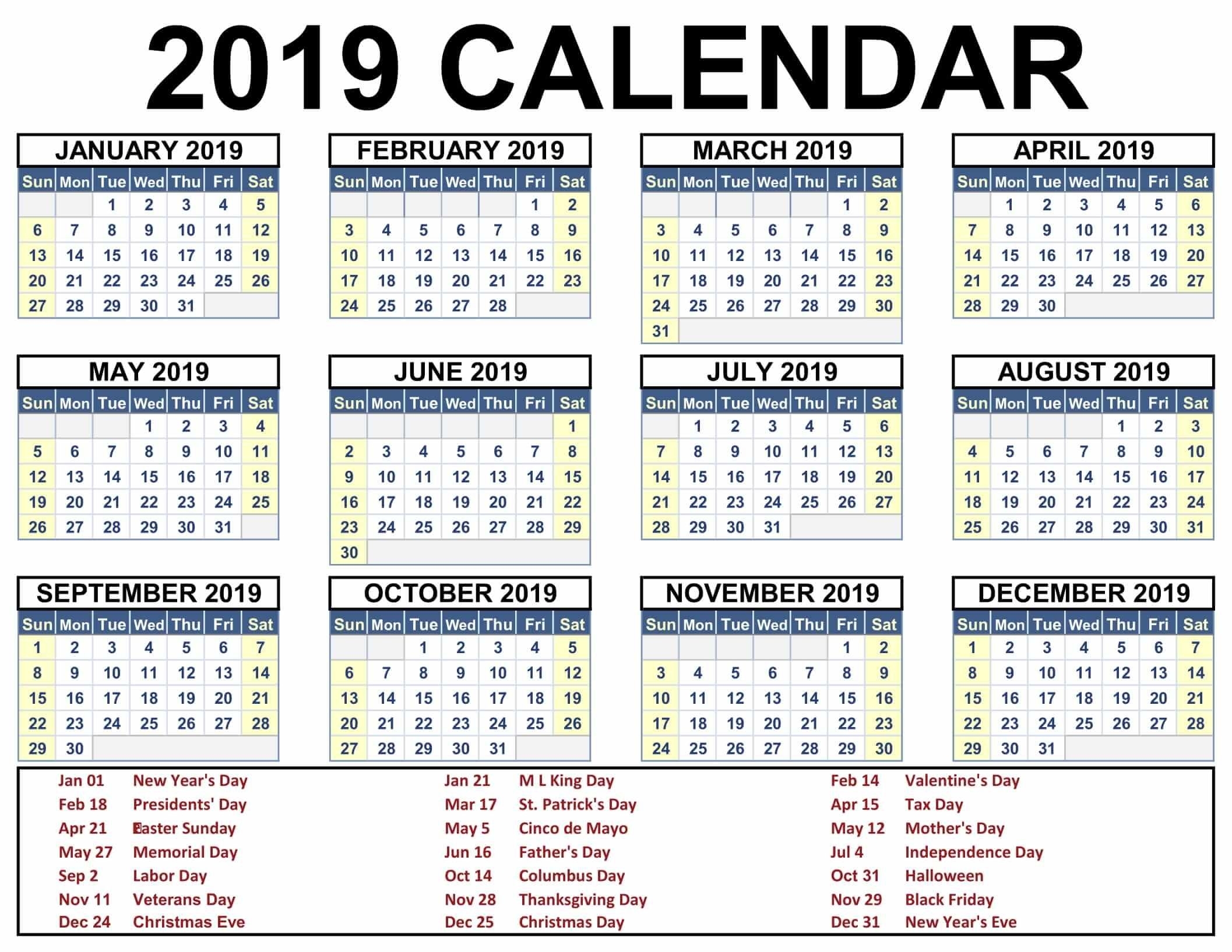 2019 Calendar With Holidays Printable #2019Calendar pertaining to Free Printable Event Calendar Template