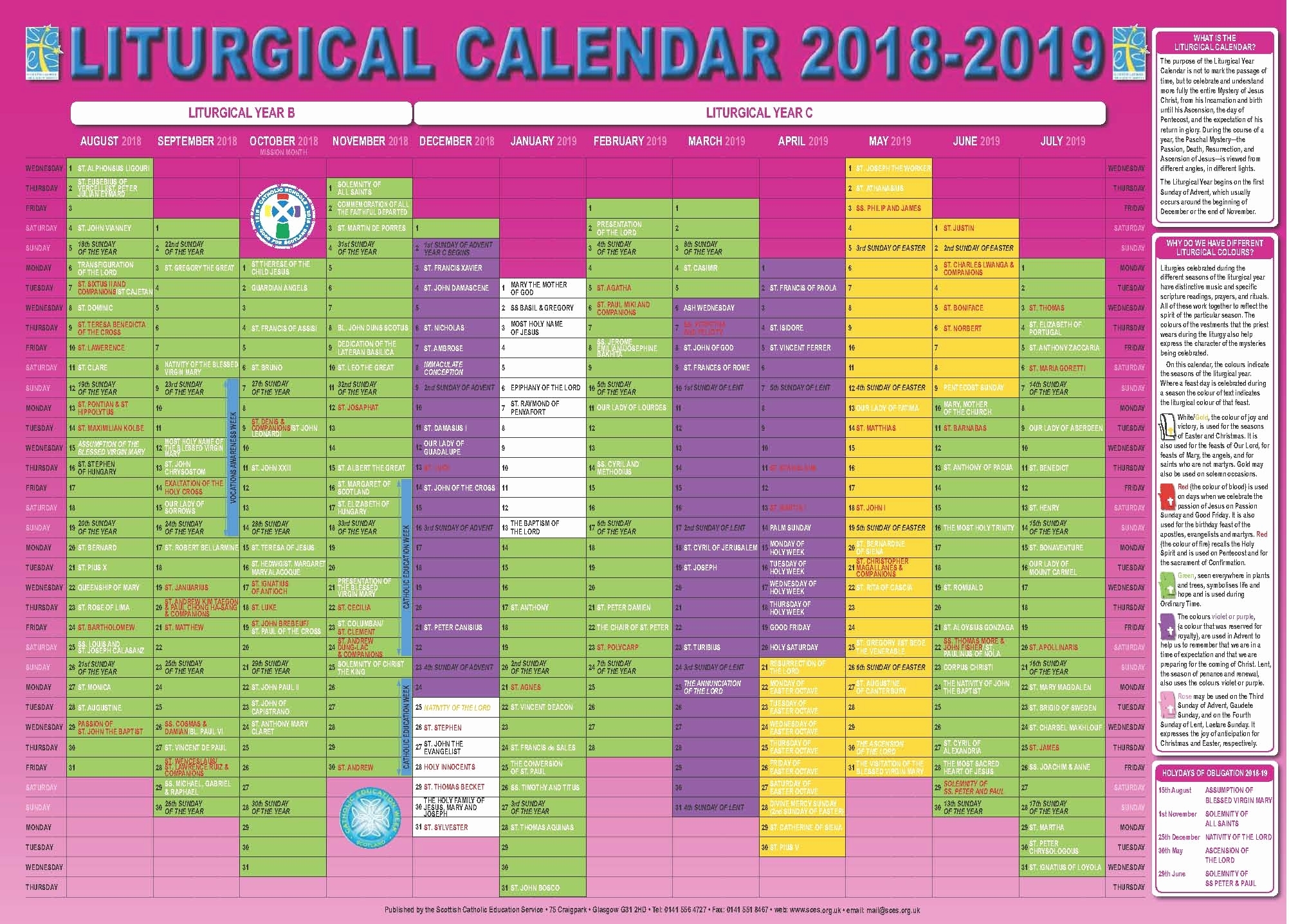2019 Liturgical Printable Calendar Liturgical Calendar Printable pertaining to Printable Liturgical Calendar 2020