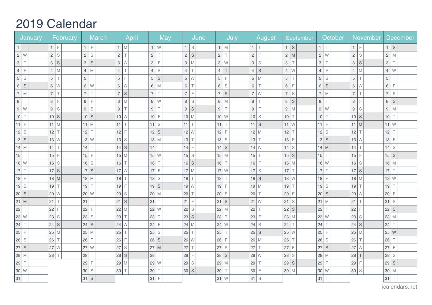 2019 Printable Calendar - Pdf Or Excel - Icalendars pertaining to Printable Yearly Calendar With Lines