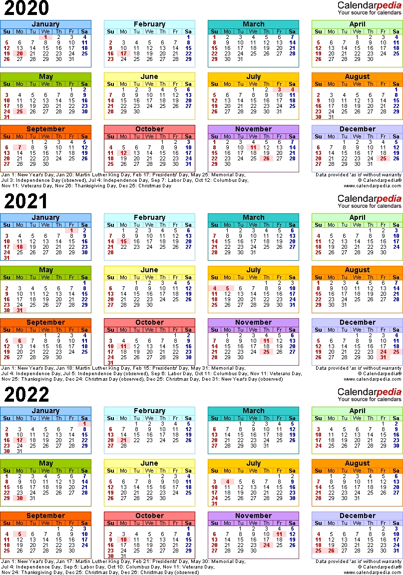 2020/2021/2022 Calendar - 4 Three-Year Printable Pdf Calendars with regard to Three-Year Calendar 2019, 2020, 2021