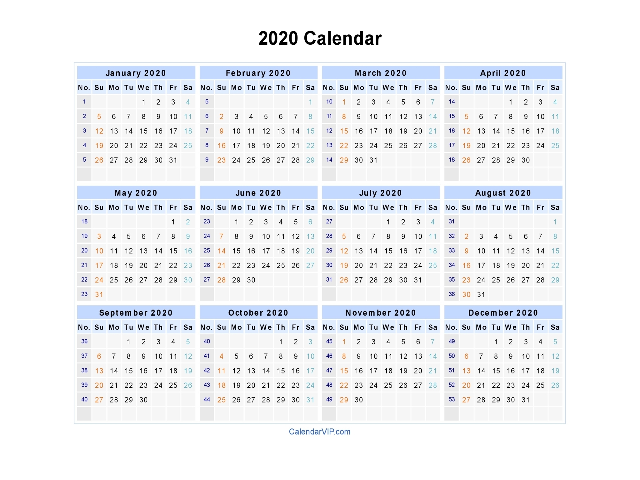 2020 Calendar - Blank Printable Calendar Template In Pdf Word Excel regarding 2020 Annual Calendar Blank