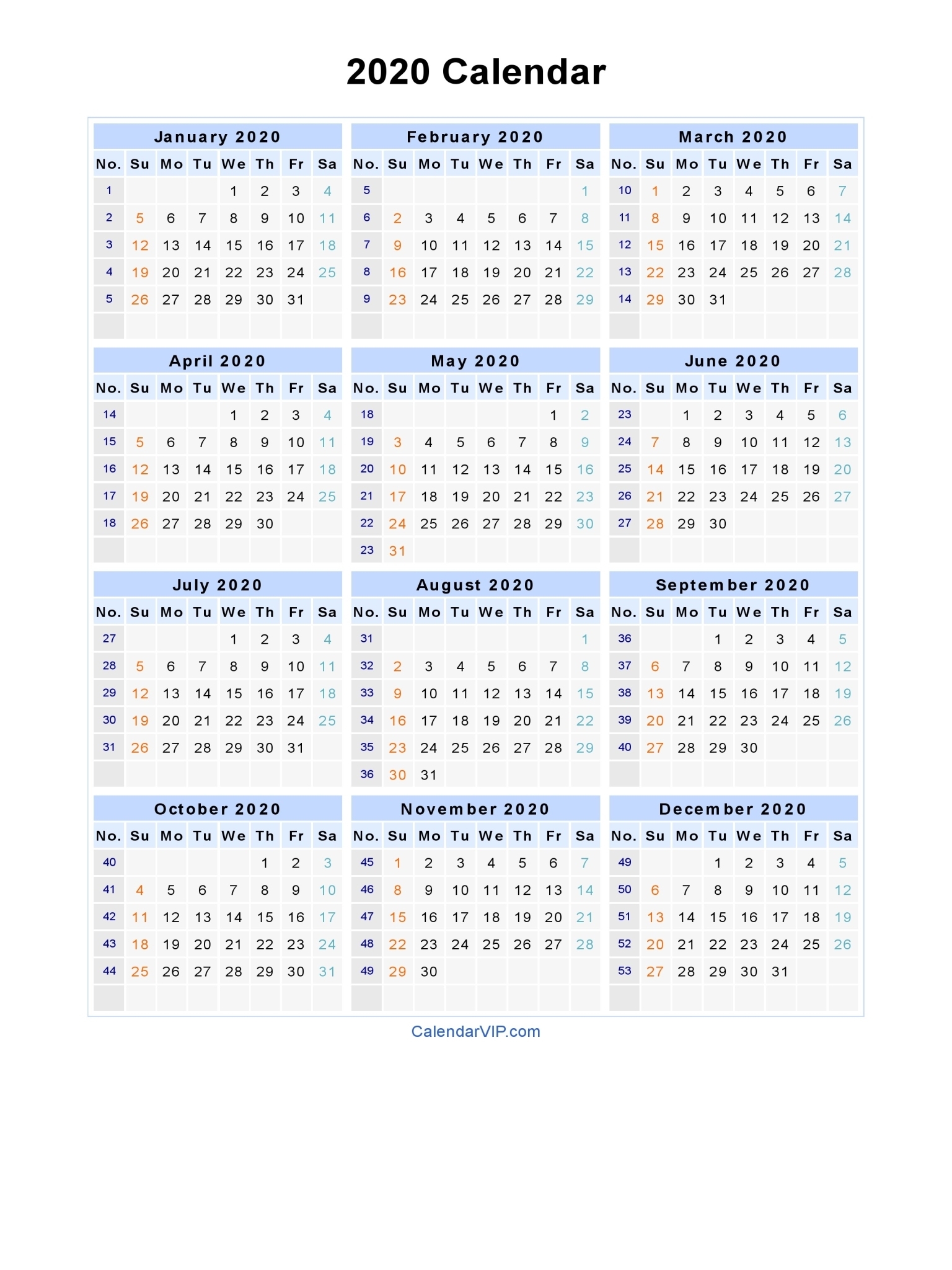 2020 Calendar - Blank Printable Calendar Template In Pdf Word Excel with regard to 2020 Week Wise Calendar