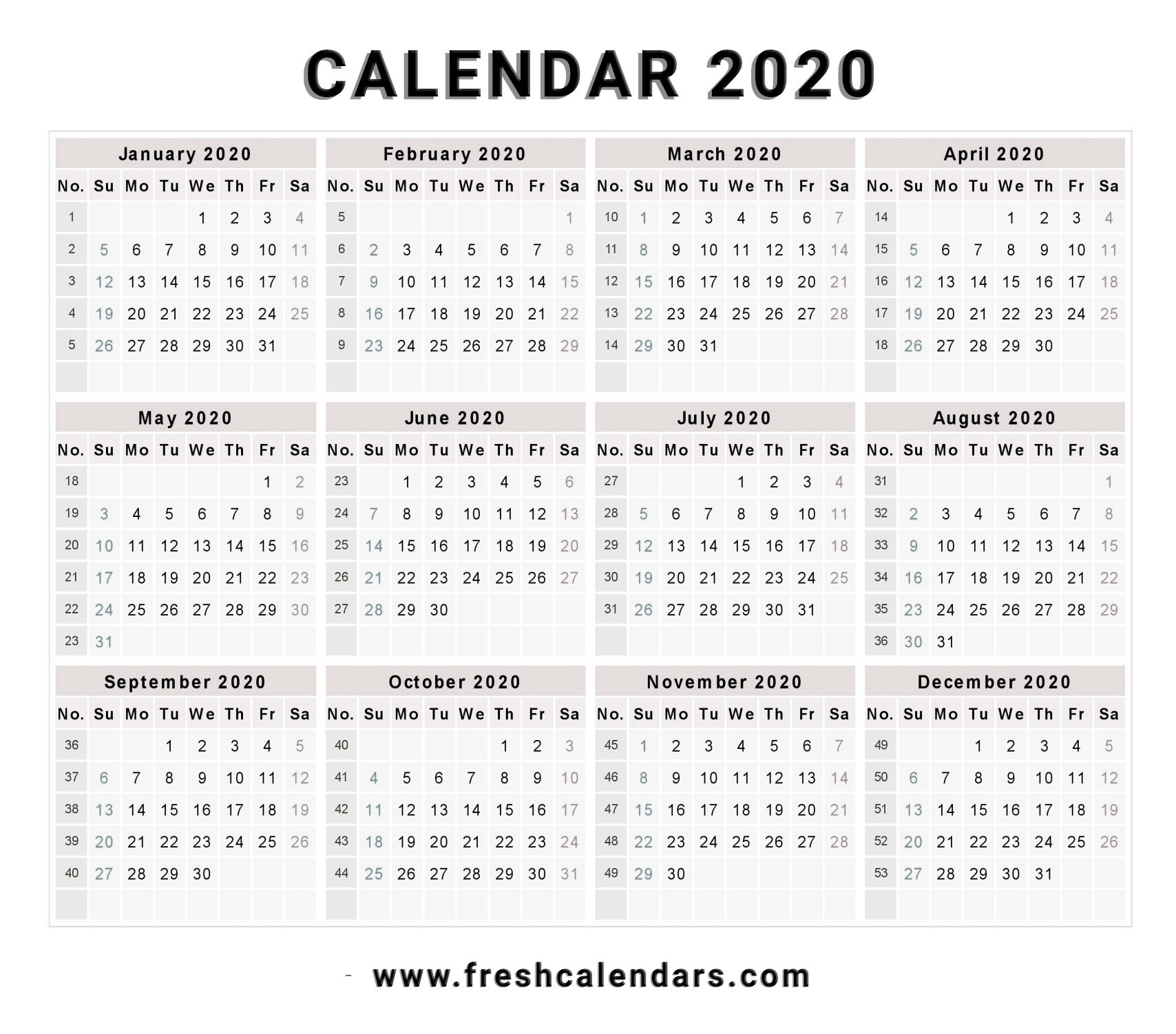 2020 Calendar for Free Printable Weekly Calendar 2020