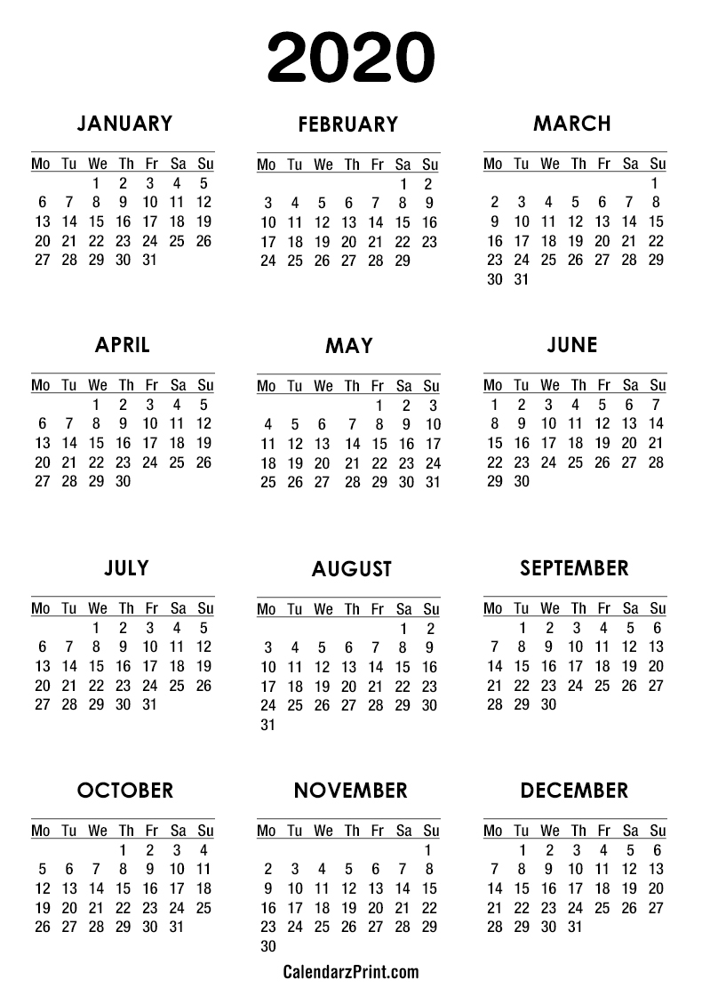 2020 Calendar – Printable Free – White – Monday Start inside 2020 Printable Calendar Free That Start With Monday