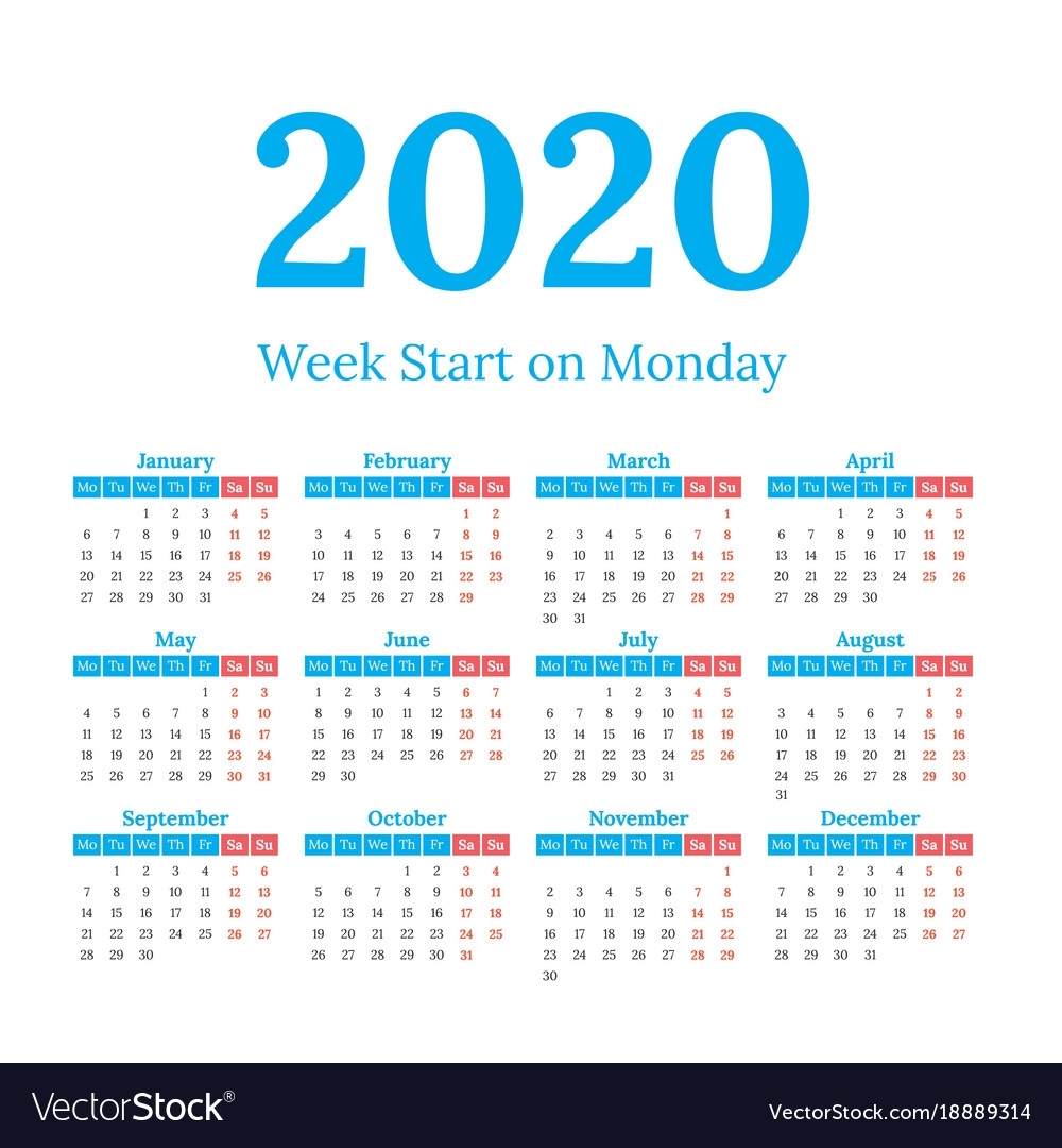 2020 Calendar Start On Monday Royalty Free Vector Image for 2020 Calendar