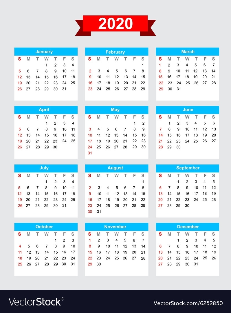 2020 Calendar Week Start Sunday Royalty Free Vector Image throughout 2020 Calendar Monday To Sunday